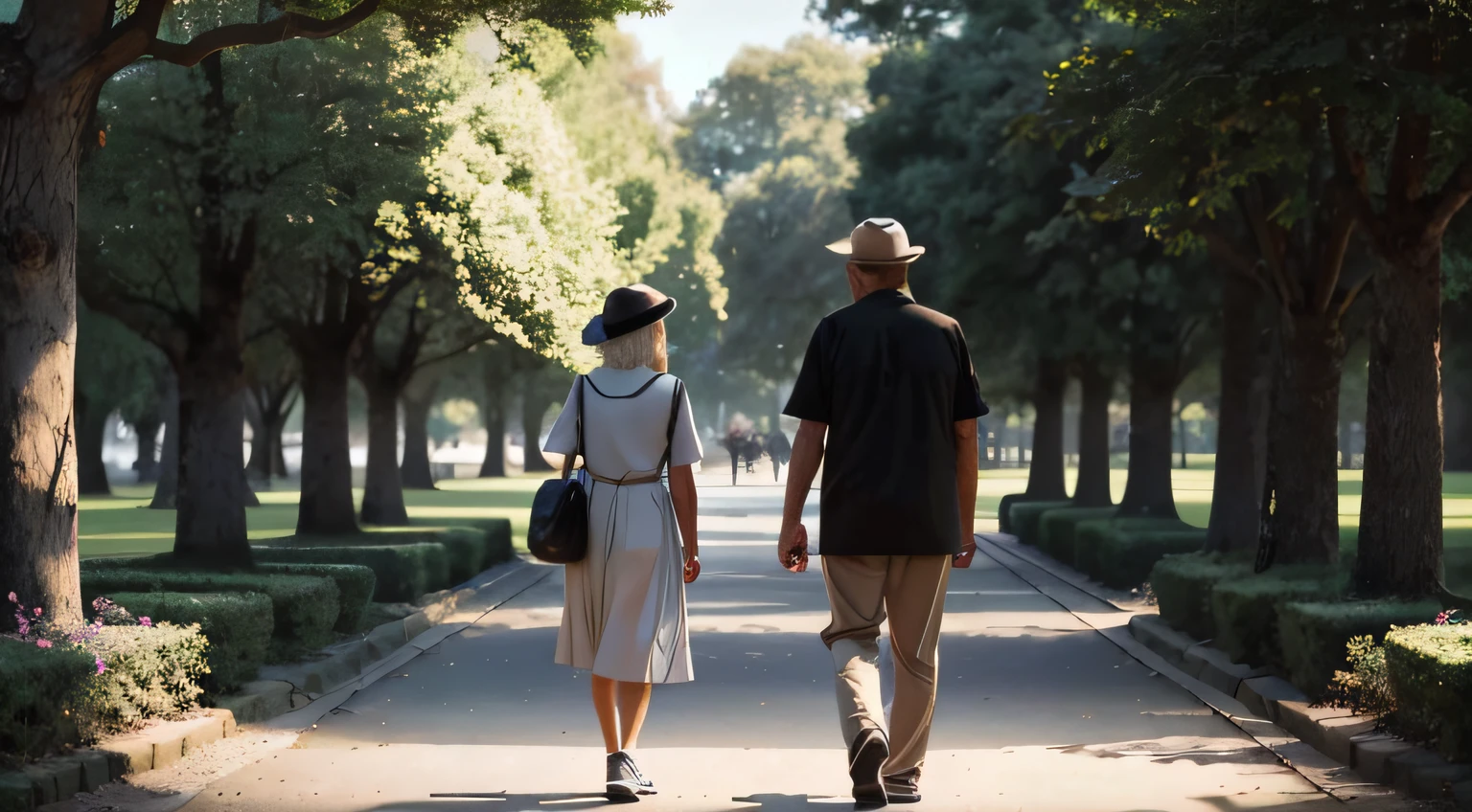 Two people walked the path of the park, man and woman walking together, Time travelers appear in the park, walking together, couple walking hand in hand, In Park, walking at the garden, walking at the park, two old people, In the park, in a city park, beautiful fine sky, two skinny old people, parks and gardens