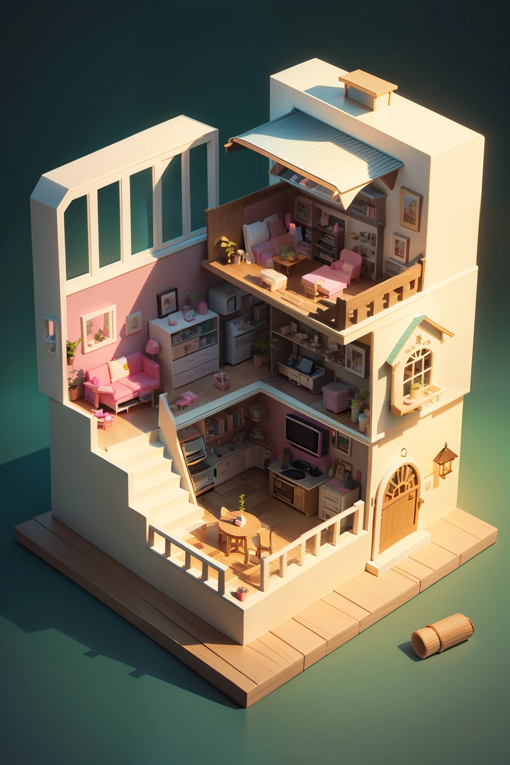 isometric design，Barbie House，mini sence，adolable，dream magical