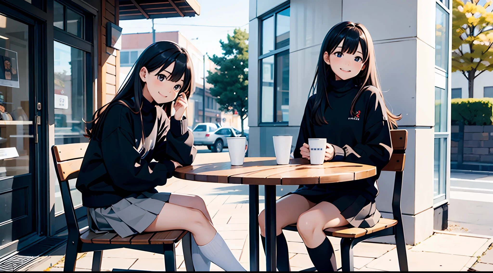 （​masterpiece、top-quality）perfect anime illustration、College Girl 1、Cute baby face、Laughing、Long clean hair、Black turtleneck sweater、skirt by the、Stylish cafeteria、Outside the store（Near the entrance of the store）、Sitting on a chair、The table、coffee、Half-read paperback、Time is night、The weather is sunny、Store in the back、So that the whole body goes into the illustration
