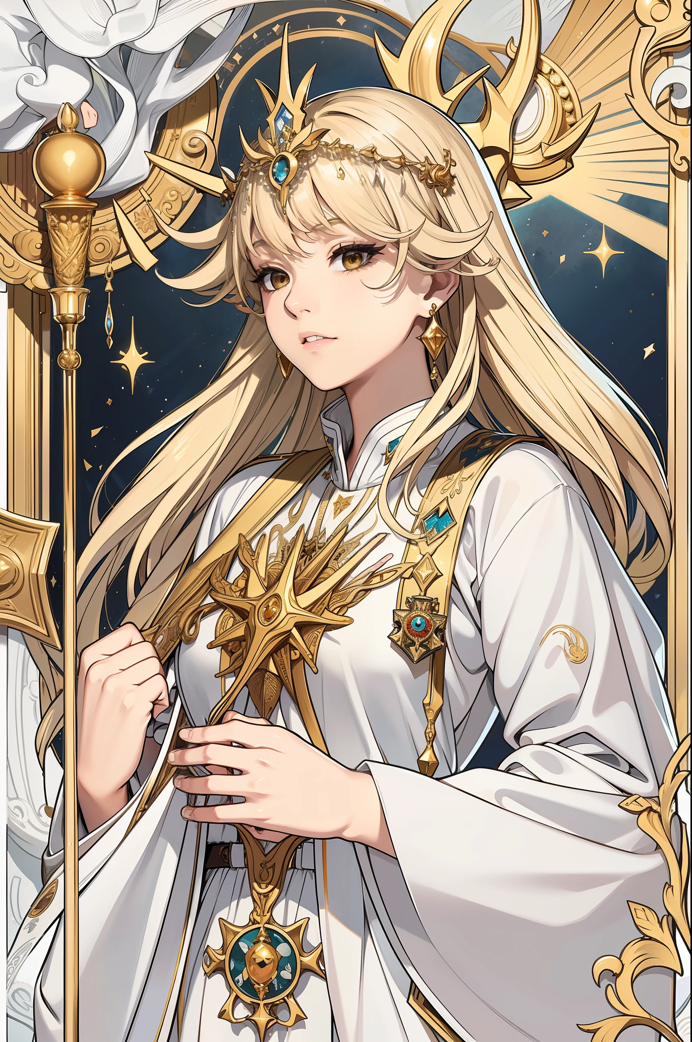 Golden border,tarot cards, UHD, 16k, best quality, super detail, anatomically correct, masterpiece, high details, highres,The High Priestess,wearing white robe, long gold hair, staff, sun shine,Background is Hall of Glory,Refined face,Delicate facial features