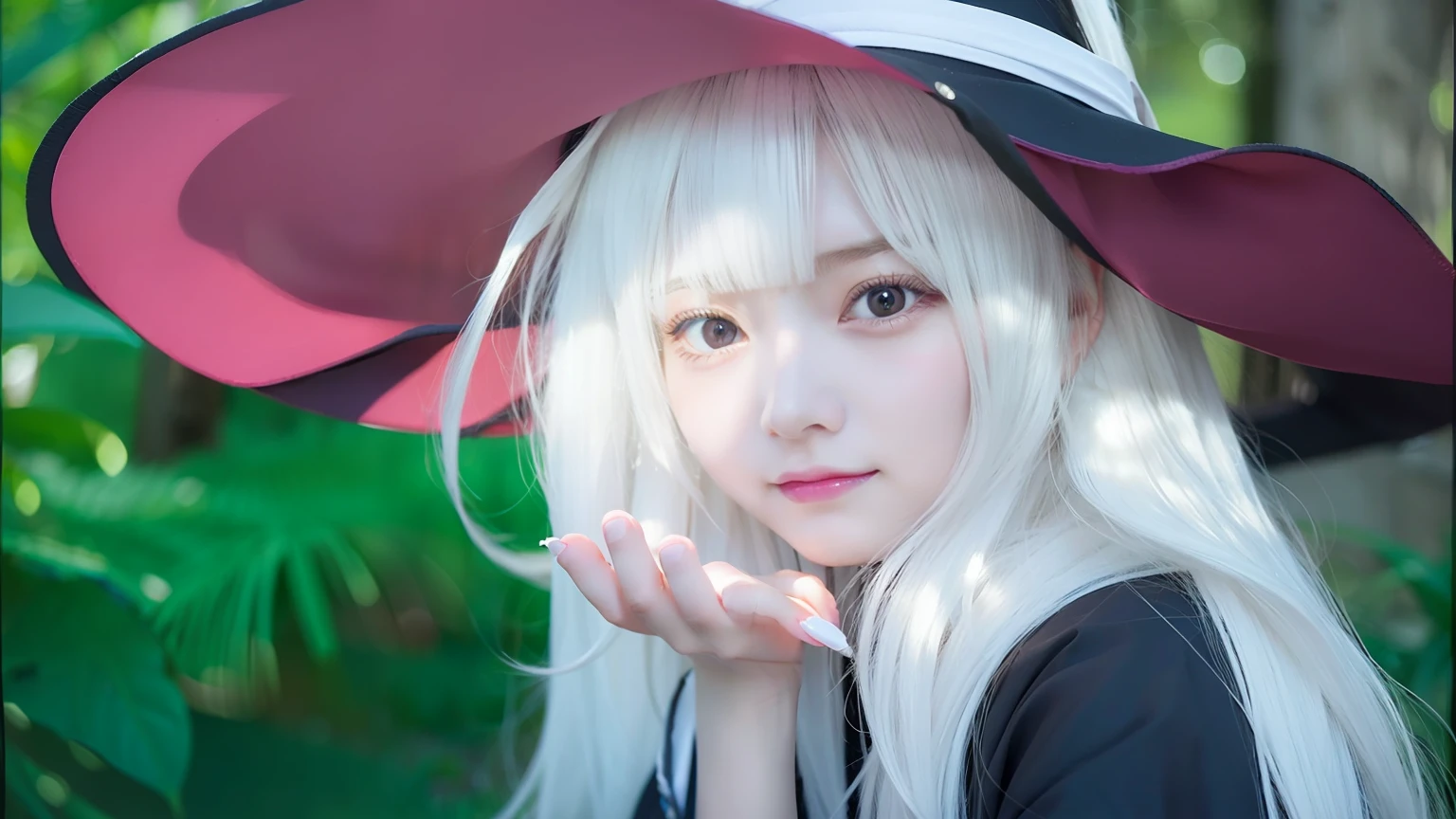 1girl,long hair,white hair,cute girl, witch, realistic,ultra detail