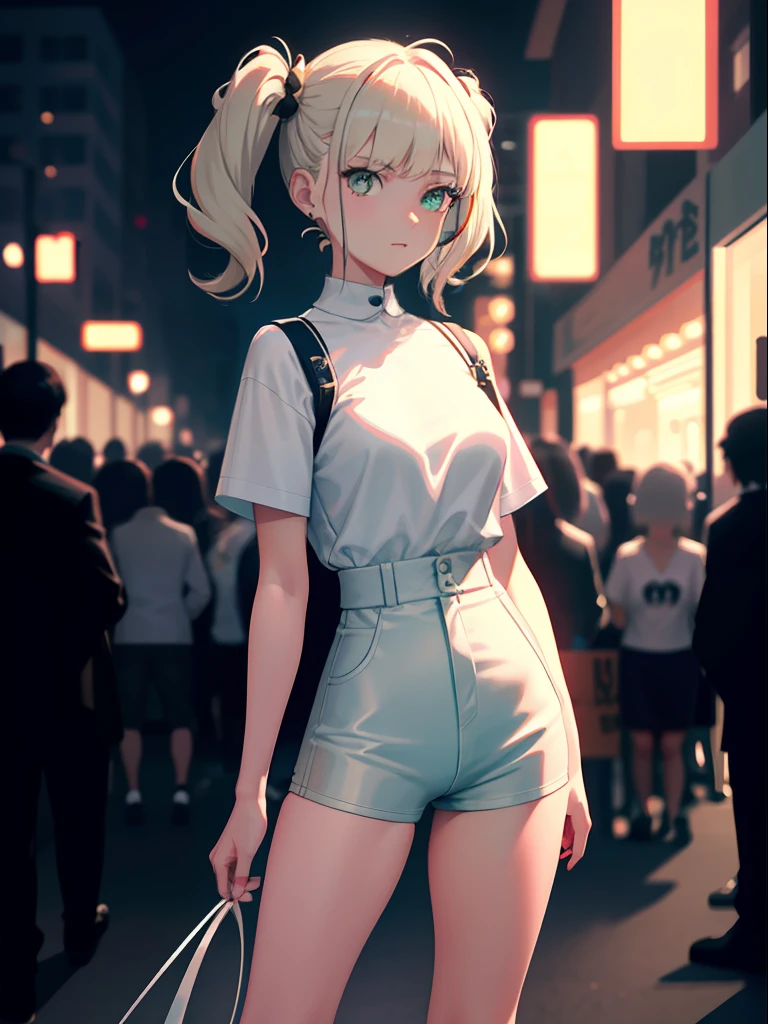 tmasterpiece， best qualtiy， NSFW， 1girl， platinum blond hair， short detailed hair， Green eyes， pigtails， Small lively breasts， Have on the street， the night， neonlight， white t - shirt，  Black pantsuit， Poker face， up front view， standing on your feet， in crowd，