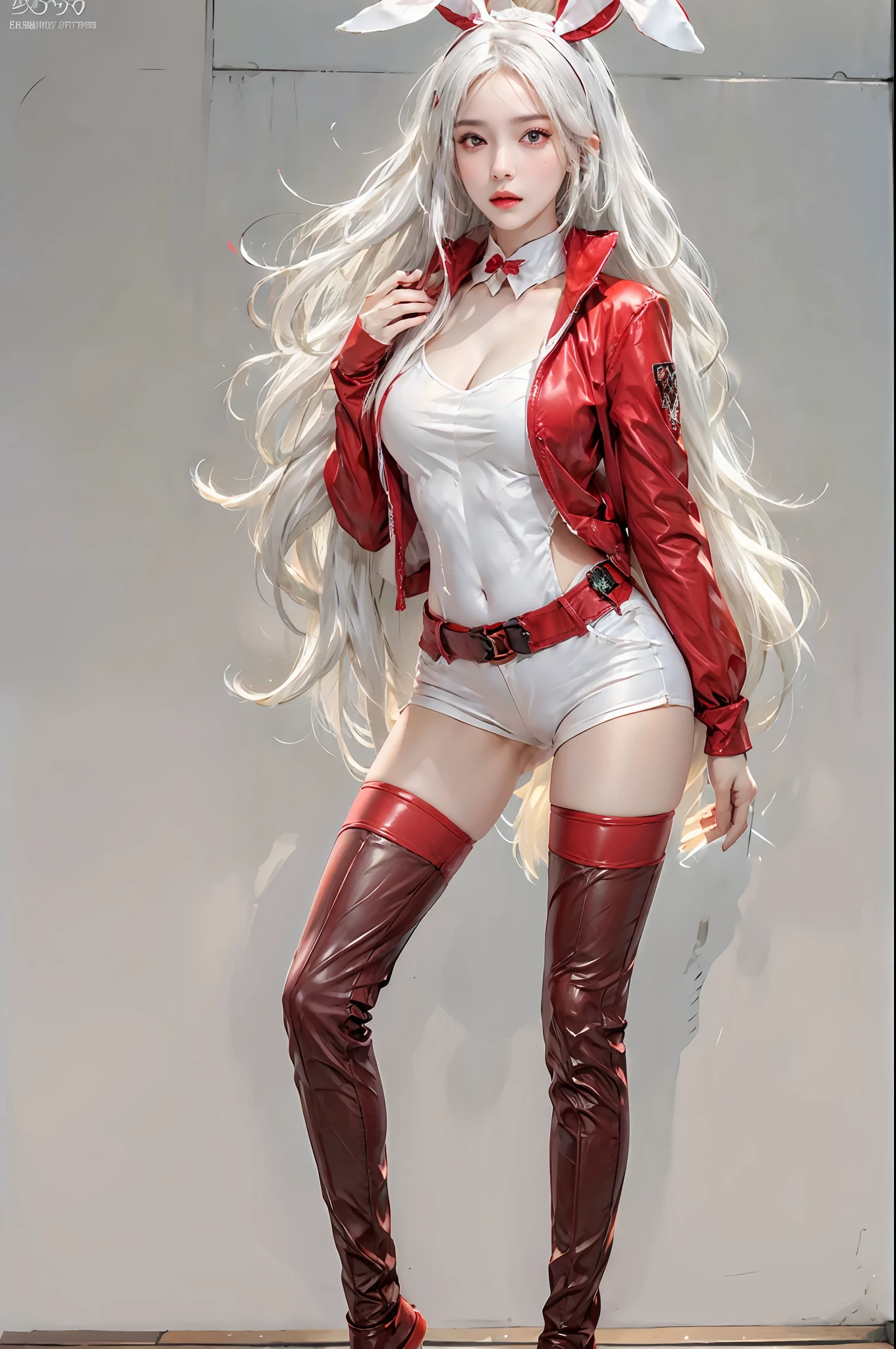 photorealistic, high resolution, 1women, solo, hips up, look at viewer, (detailed face), white hair, long hair, wearing bunny outfit, red outfit