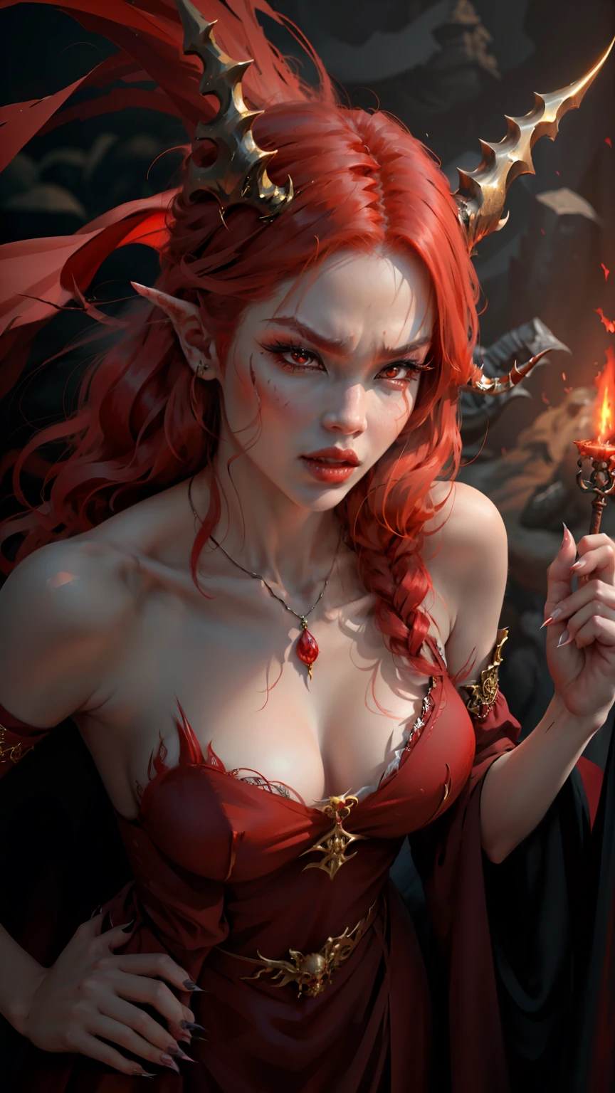 (Highly detailed 1.3) A wicked woman with a head of flaming red hair, her mouth wide open, ferociously craving blood. A young Asian woman with fierce eyes, dragon wings, claws on the tips of her fingers, and horns on her head, wearing a long medieval dress.