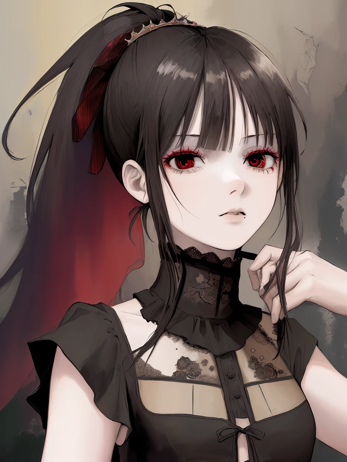 (masterpiece:1.2), best quality, ultra-detailed, illustration, disheveled hair, sketch, cultist, dark, watercolor, gallery, showing her painting, (gothic dress:1.2), black hair, black eyes, close up, red eye shadow, (makeup:1.1), (loose ponytail:1.2), pale skin, black lipstick, small breasts, (red simple background:1.1), dark background, film grain,