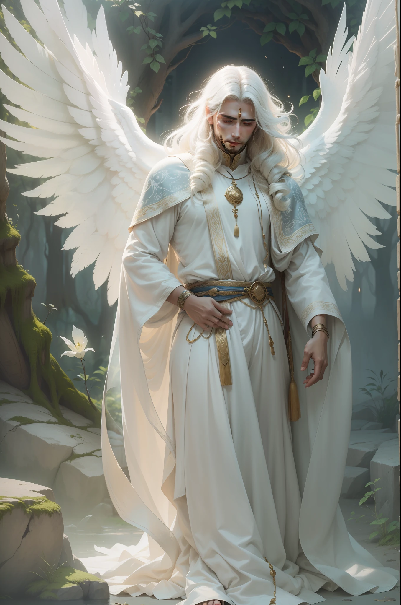 crie um arcanjo, angelic, ser espiritual , realista, masculino, semelhante a um sayans, cabelo prateado, asas branca,