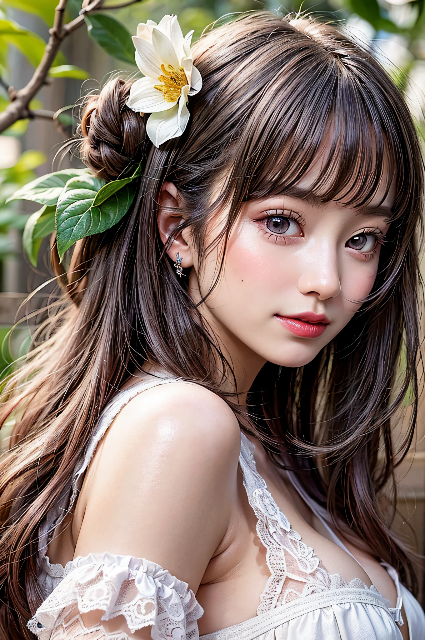 1young girls, Beautiful girl of the highest grade, Highest Quality, Highest image quality, Top resolution, RAW Photos, Realistic, Photorealsitic, ultra detailed and beautiful, highest details, Beautiful fair skin and luster, Beautiful big eyes, Small mouth and thin lips, Long black hair blown in the wind, Good style and slenderness, (Beautiful big breasts:1.3), She has a cheerful personality and a cute smile, Natural makeup, Pink lips, (see-through lace costume with cute details and wide open breasts:1.3), fullnude, portrait of cute girl, beautiful girl illuminated by seven colors of light, Rainbow band of light, Flower folding screen,