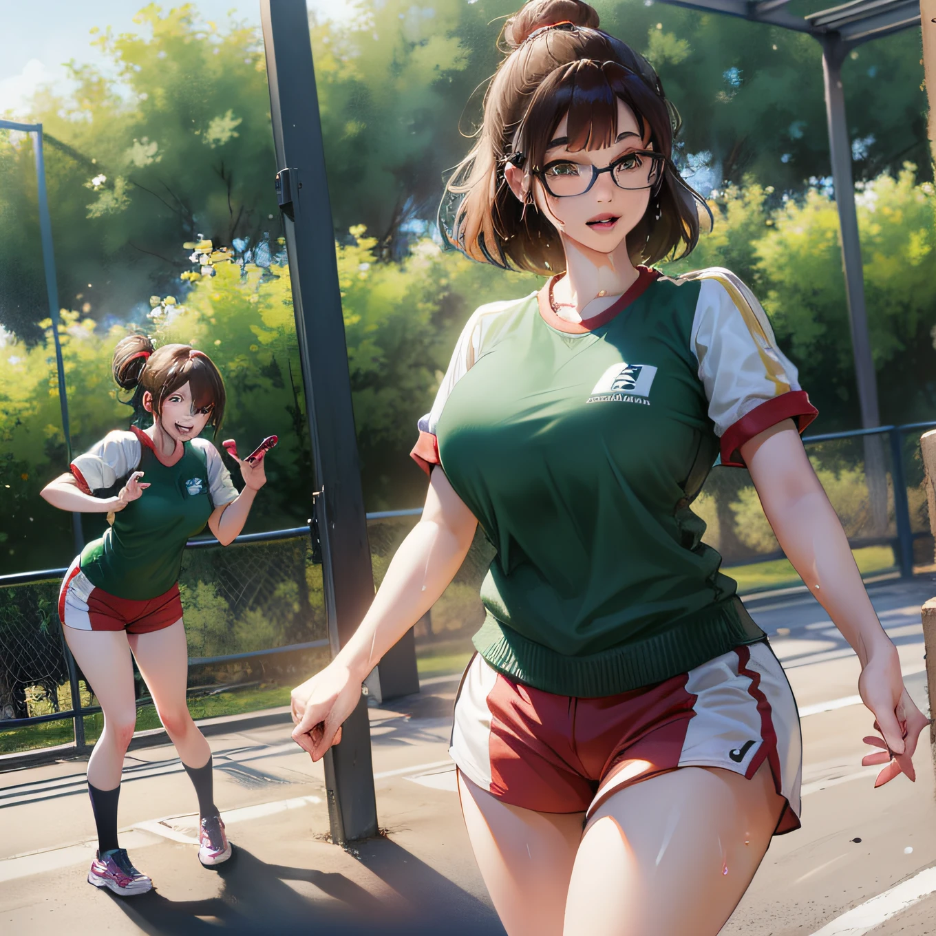 short girl, li, big breasts, brown hair, with straight bangs above her eyes, green eyes, wearing Japanese gym clothes, wet with sweat, revealing her breasts, big breasts, she is sweaty, mischievous smile, embarrassed, standing, viewer's perspective, perfect anatomy, perfect hands, perfect feet, no extra limbs, cute face, masterpiece, 2k quality, background should be blurred, girls in school gym uniform exercising in the background, she is on the school sports field.