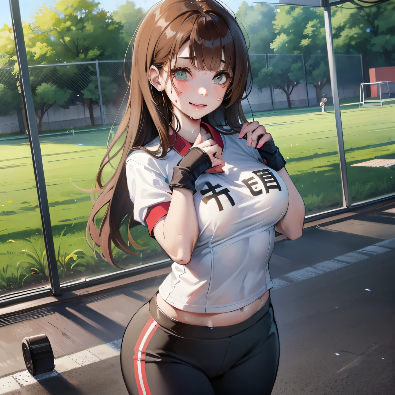 short girl, loli, big breasts, brown hair, with straight bangs above her eyes, green eyes, wearing Japanese gym clothes, wet with sweat, revealing her breasts, big breasts, she is sweaty, mischievous smile, embarrassed, standing, viewer's perspective, perfect anatomy, perfect hands, perfect feet, no extra limbs, cute face, masterpiece, 2k quality, background should be blurred, girls in school gym uniform exercising in the background, she is on the school sports field.