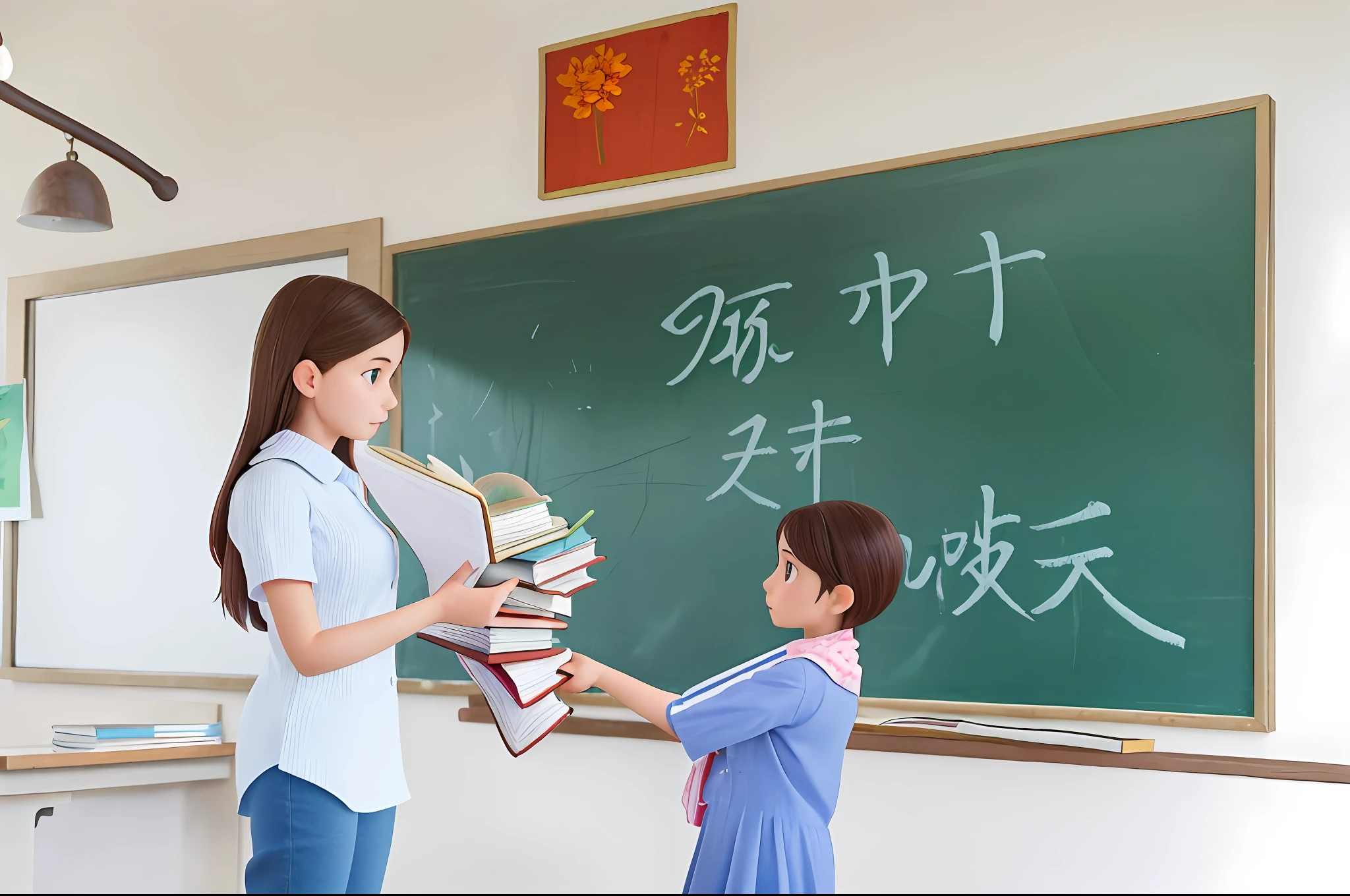 A female teacher holds a large stack of books in her hand,An girl reaches out to help her teacher with a book,color corrected,realistic lens,Beautiful surreal style, detailed meticulous,beautiful with detail, realisticlying, hdr, highly detailed, 8K, RAW photogr,naturey,Harmonious composition,fine art photography