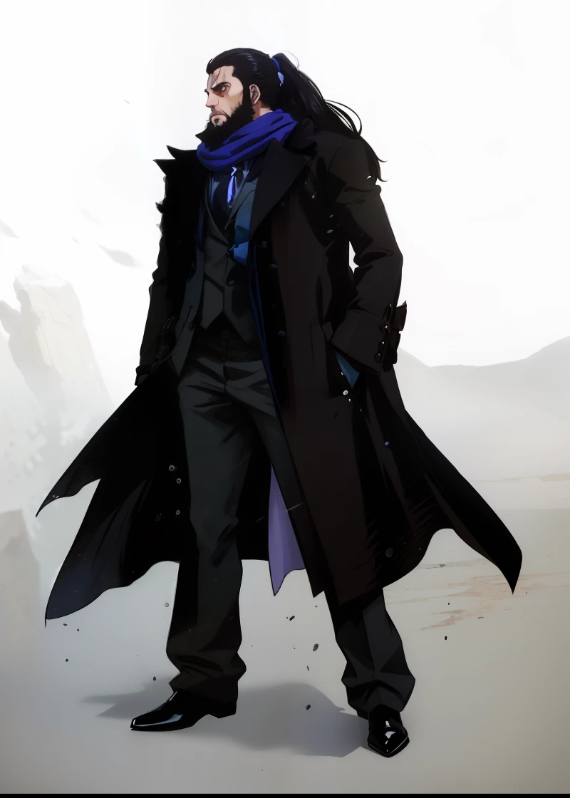 anime, man, british black suit, black overcoat, long ponytail hair, tiny beard, a blue scarf in neck