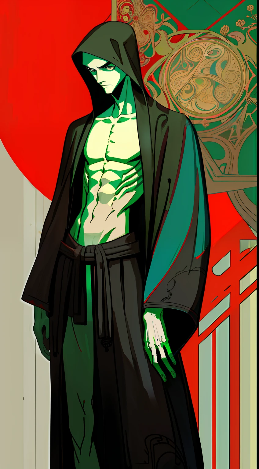 abstraction, Intricate decorative lines, Geometry,Gray-red-black-blue green decoration, Depressed, barechested, Skinny, Loose robes, male people,Strong sense of design,Standing painting