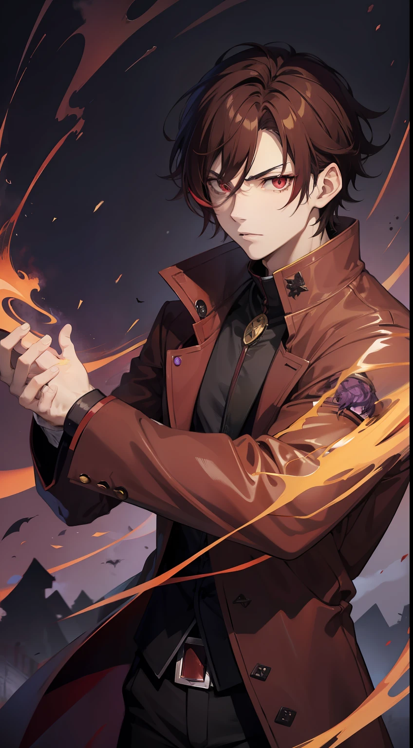 anime vampire guy, shining red eyes, short brown hair, purple smoke aura, anime style,8, strong, wearing a brown overcoat