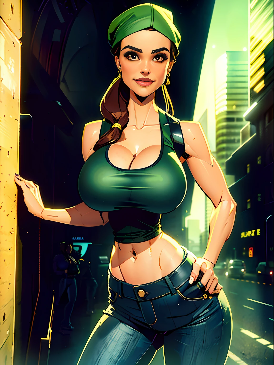 1girl, short busty petite brunette comic book woman, gorgeous face, masterpiece, beautiful, high quality, high definition, superb quality, highly detailed, insane detail, hands on hips, happy, smiling, sexy pose, hand on hip, long hair, huge ponytail, slim, thin, womanly, rubbery, elastic woman, (modest jacket and tank top, olive-colored jacket, blue jeans, do-rag, do rag, tight tank top), rubber body, brunette, (((cleavage window, large breasts, big boobs, slim waist, overflowing breasts, too big for her top))), city, soft lighting, natural lighting, natural color, heroic, cheerful, (bold nose, hawkish facial features),