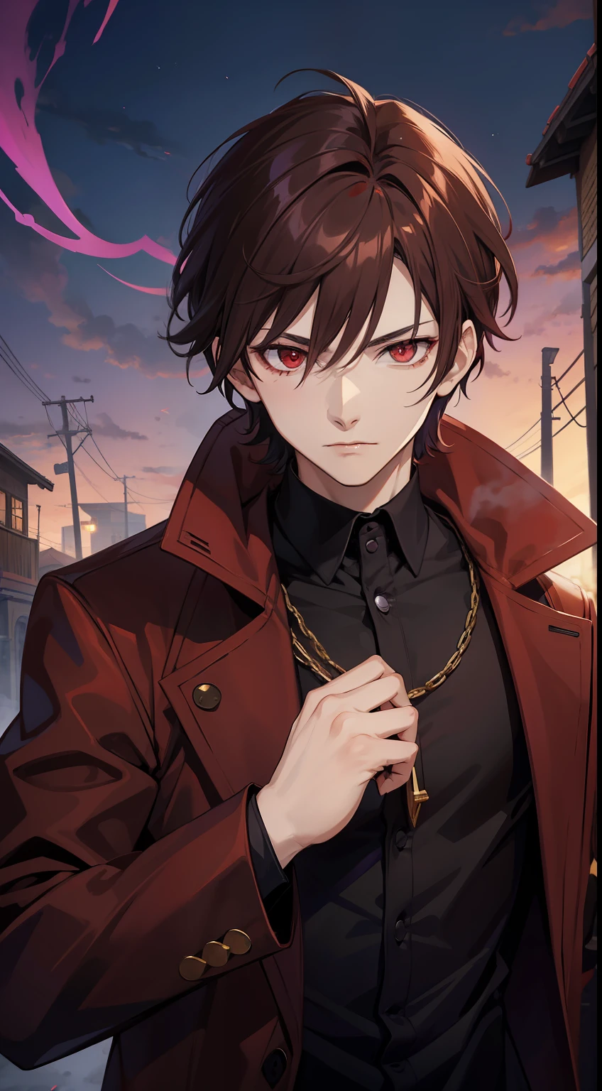 anime vampire guy, shining red eyes, short brown hair, purple smoke aura, anime style,8, strong, wearing a brown overcoat