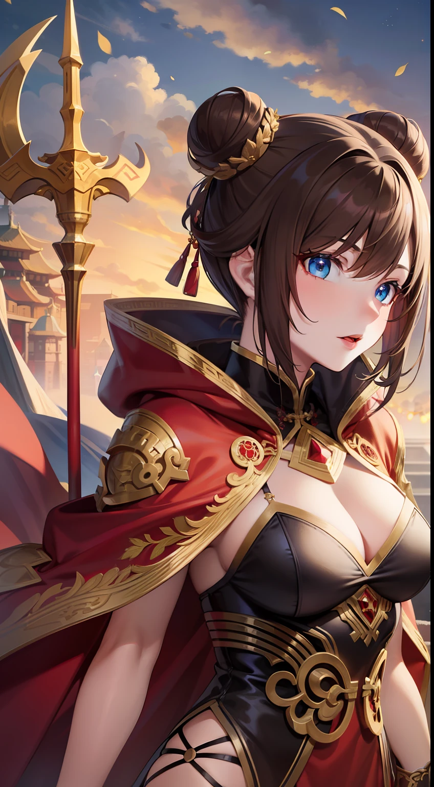 Adult woman, brown hair in bun, dragon horns, blue eyes, red chinese dress, cloak, spear, dragon, Gold inserts, red lipstick, Masterpiece, hiquality
