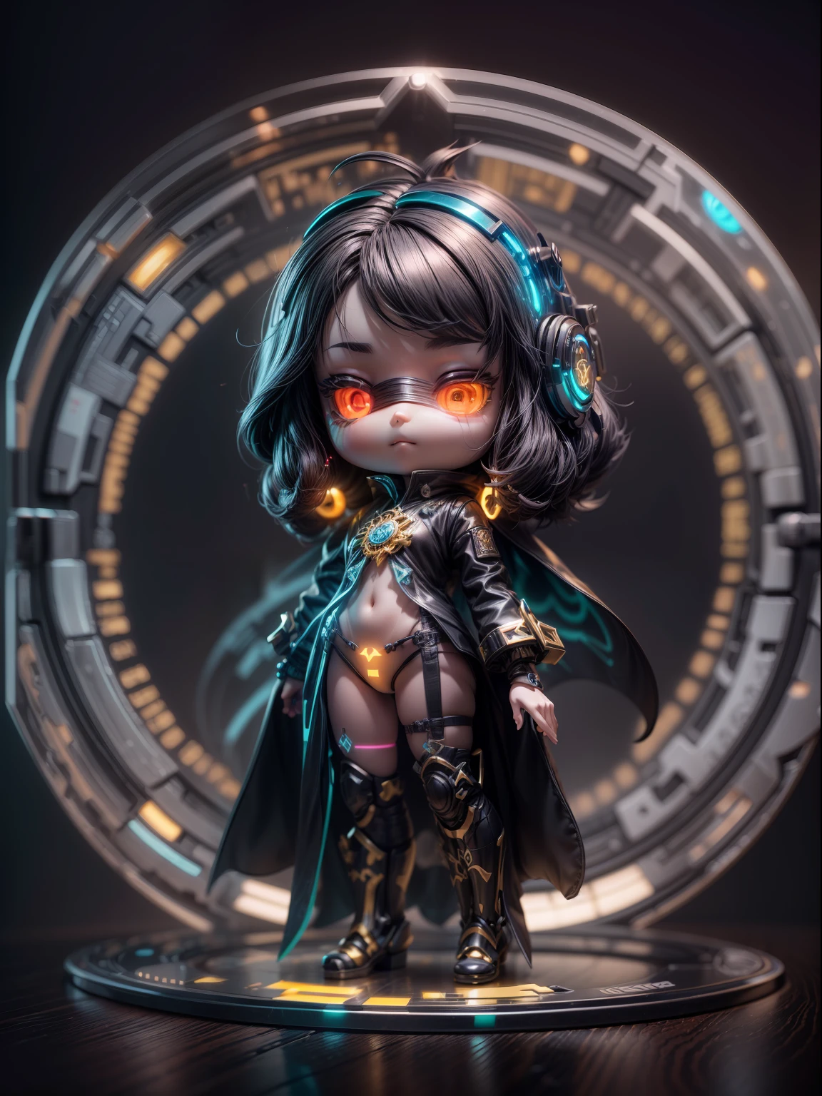 "(Blind box toy style:1.2),(Full body shot),Transparent and cute sorceress,cyber punk perssonage,dreamy glow,ren,with black background,Black gold style,circular base,(Global illumination,Ray traching,hdr,unreal render,reasonable design,high detal,Masterpiece,Best quality,hyper HD,Cinematic lighting)"