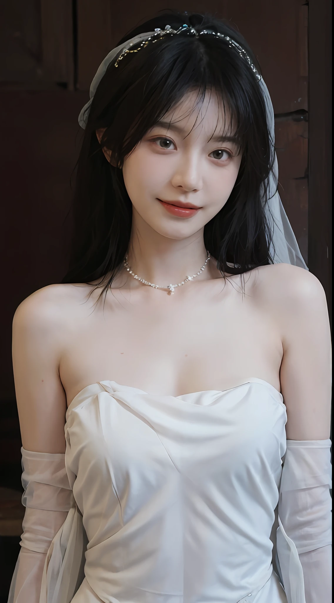 best qualtiy， 超高分辨率， （realisticlying：1.4），cute hairpin，Baoyu Girl，Stand in the wedding hall，Wearing a white bandeau wedding dress，（flatchest：1.2） ，A pair of clear and moving peach blossom eyes,Royal Sister，sunshine on face，Big wavy hairstyle，（choker necklace：1.2），（Fair skin：1.4），a sense of atmosphere，a beauty girl， Charming smile，head straight-looking at viewer， closeup cleavage ，(Photorealistic:1.4),1girll,Sexy,(Upper body:1.4),(Wet body),(:1.2)