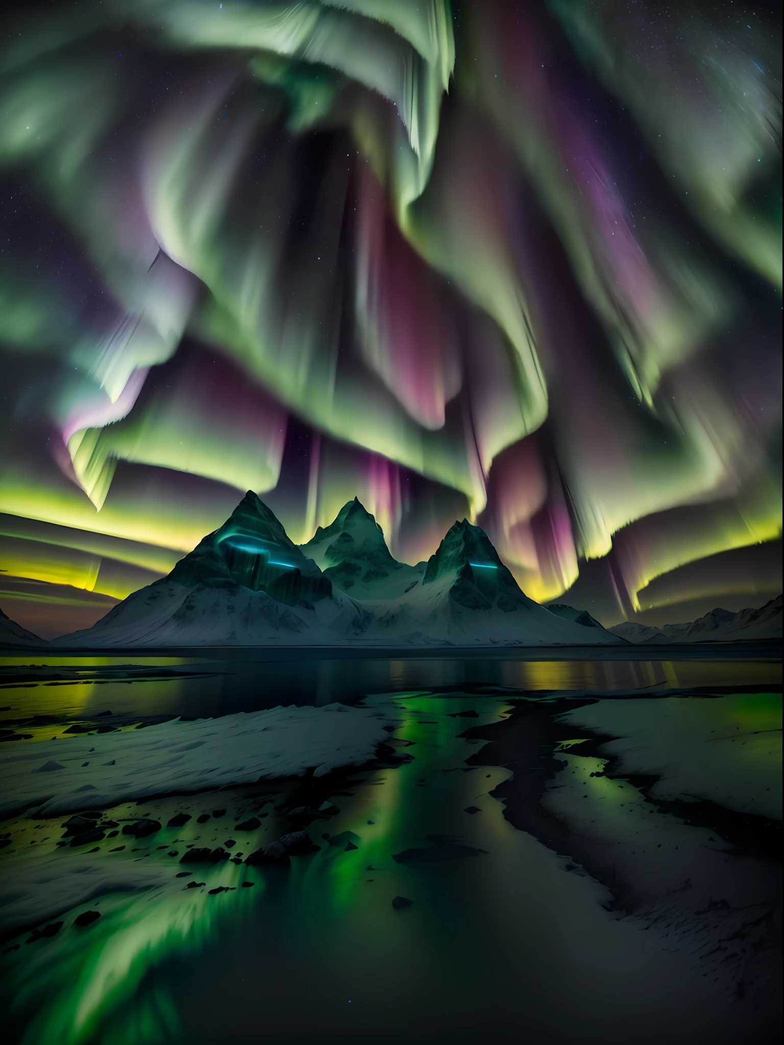 Alafid landscape of mountains with green auroras, dramatic aurora borealis, aurora borealis, shutter inventory, marc adamus, Northern Lights on the background, with aurora borealis in the sky, best on adobe stock, Northern Lights, with aurora borealis in the sky, northern lights background, luminist polar landscape, author：Christopher Balaskas