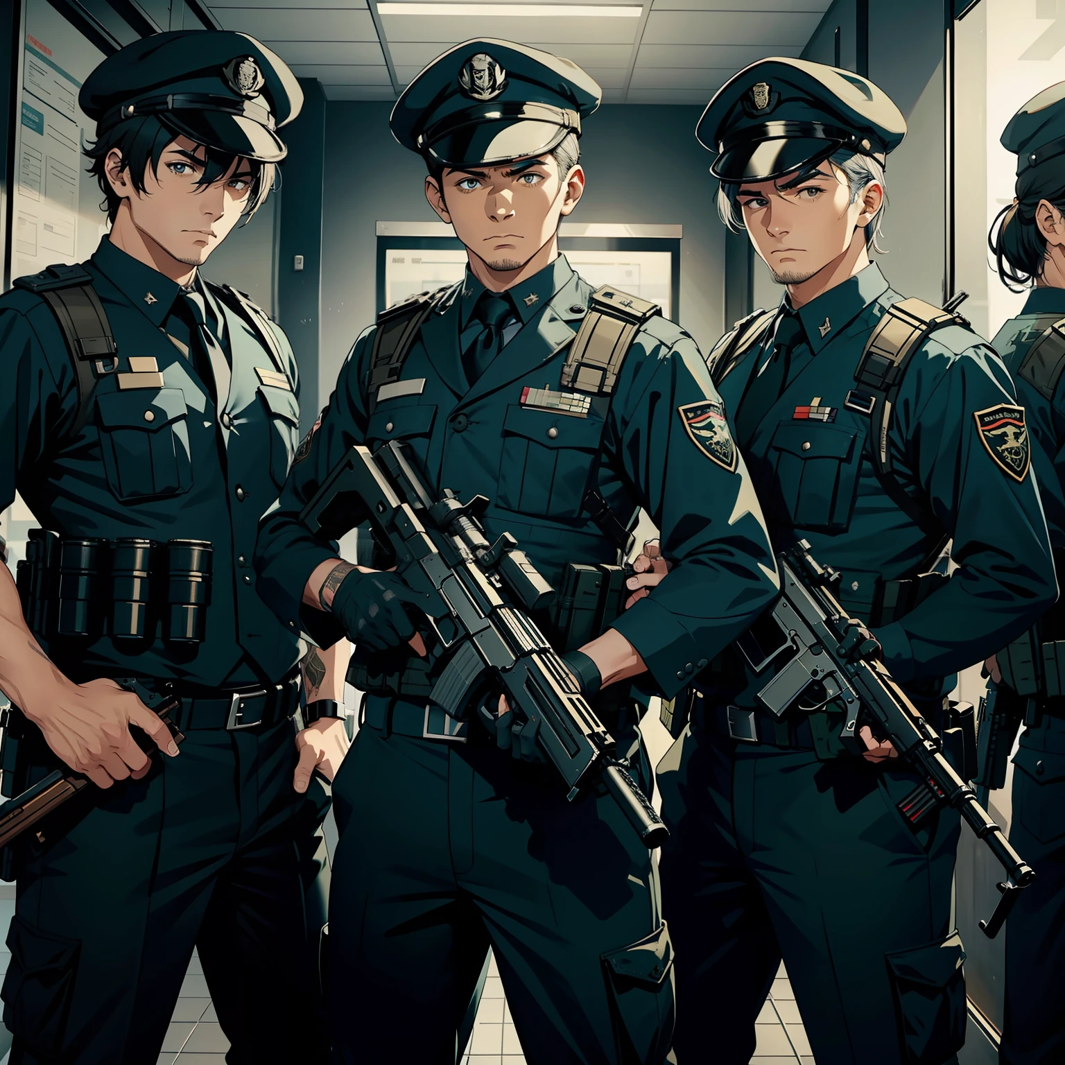 A group of game SWAT,All equipped with imitation guns,Standing in the bank,closeup detailed