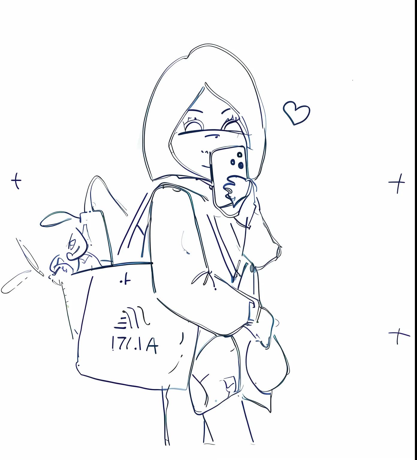 A woman carrying a bag,Cartoon drawing of selfie with mobile phone in left hand, Line sketch!!, Outlined!!!, with a bunch of stuff,getting groceries, in mall, random artist, (ink mark), Line sketch, [ conceptual art ]!!, Simple lines of art, stood in a supermarket, shopping groceries