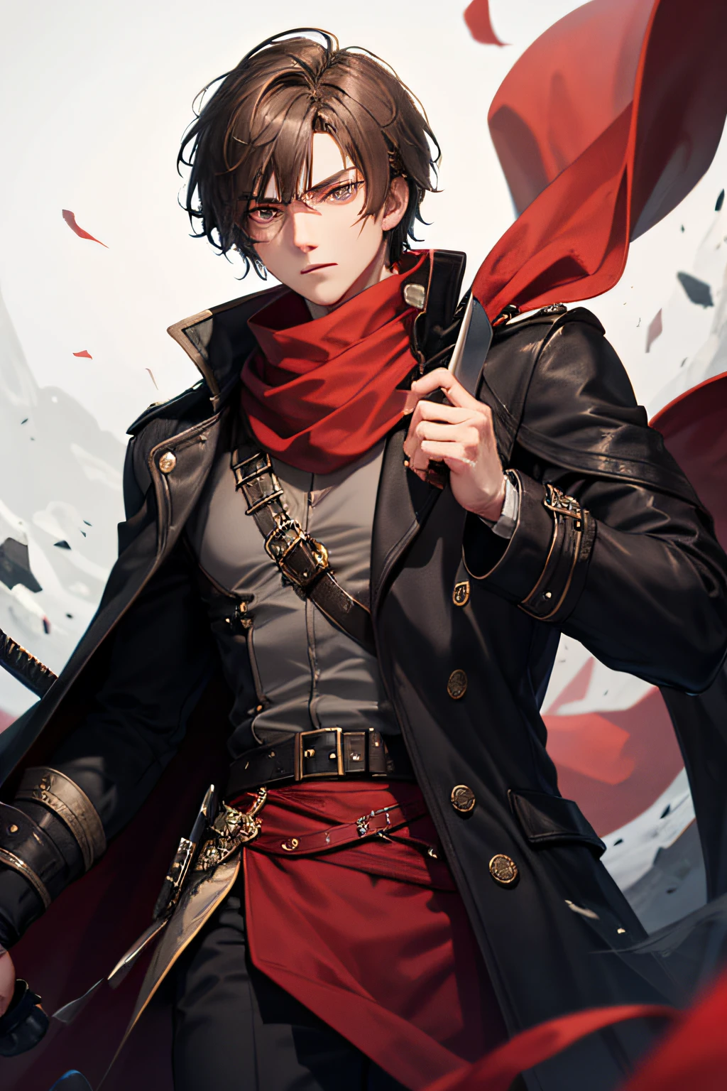 There is a little gray hair in the brown hair,short detailed hair,Crimson eyes,black greatcoat,male people,Red scarf,The eyes are overwhelmed,Knife horse,Fierce --auto