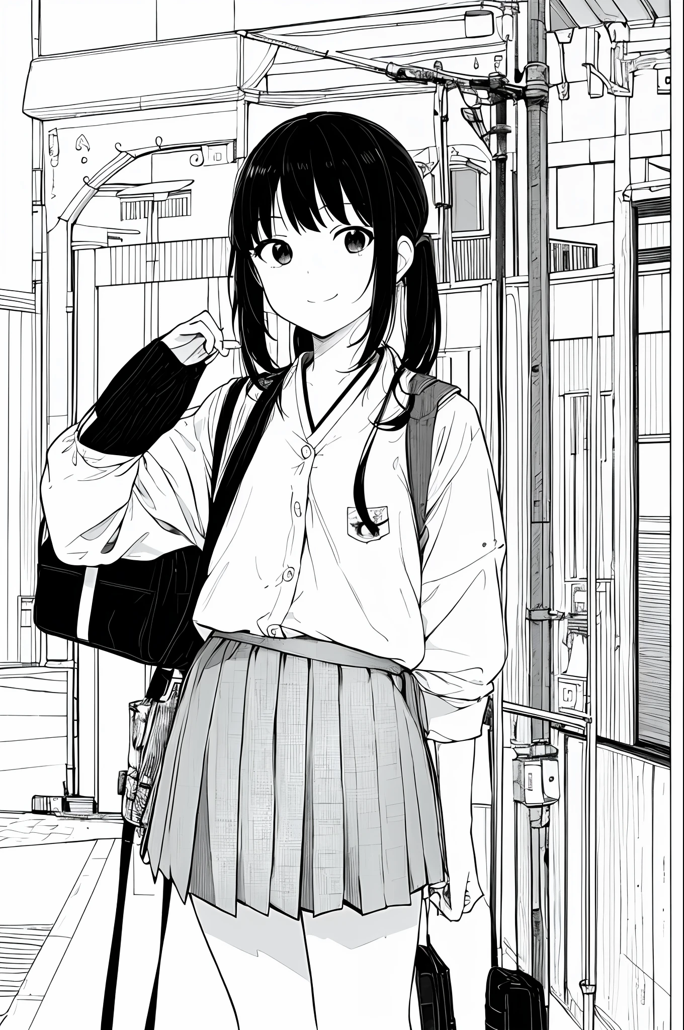 ​masterpiece, top-quality, 1girl in, 校服, A slight smil, a school bag, A dark-haired, Black eyes, cyberpunked, a street, monochromes, line-drawing