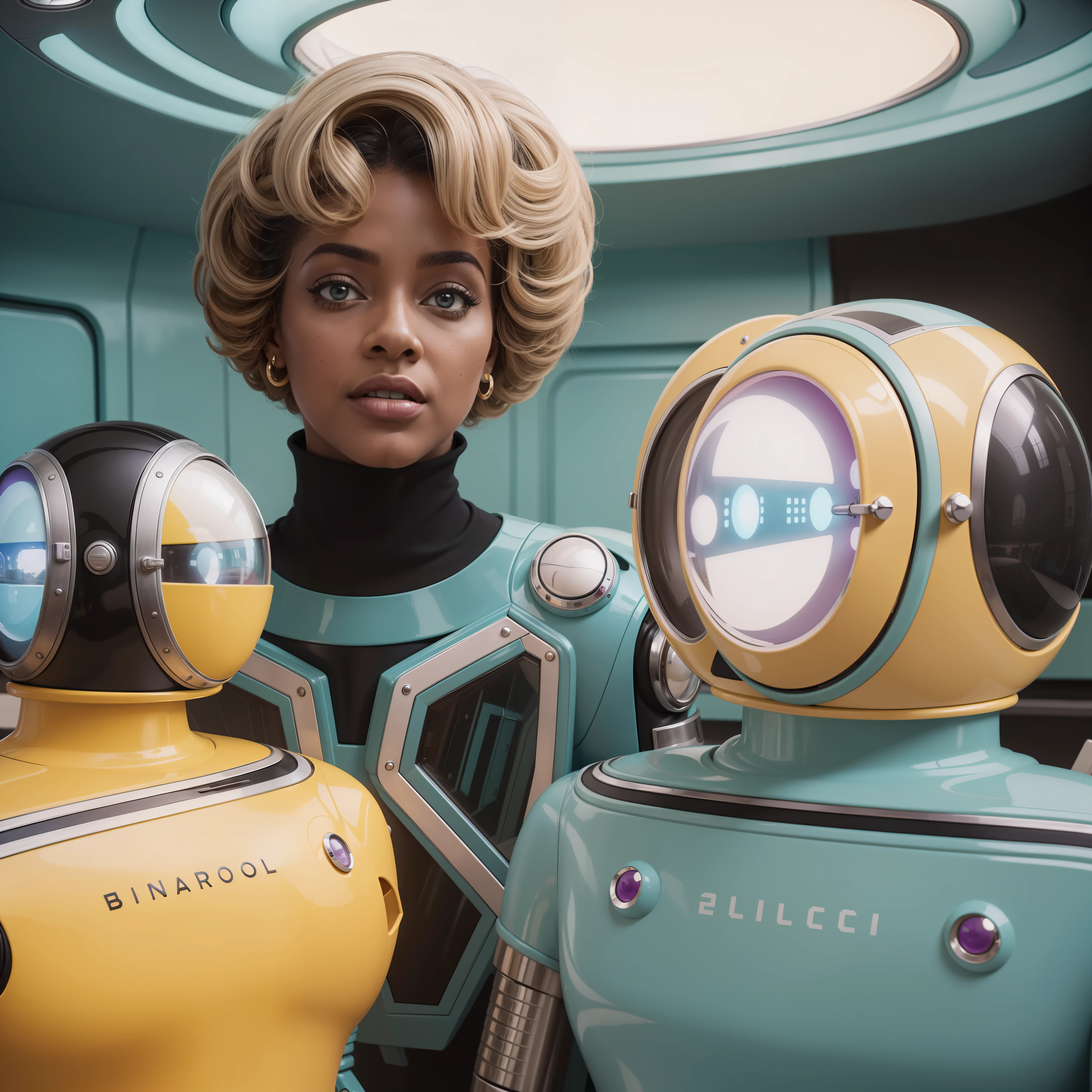 4k image from a 1960s science fiction film by Wes Anderson, Filme O Grande Hotel Budapeste, pastels colors, Black woman and two robots wearing retrofuturistic alien masks and holding colorful suitcases and chests on the bus, Retro-futuristic fashion clothes from the 60s with old robots, Luz Natural, Psicodelia, futurista estranho, retro-futurista, photo-realistic, Sharp background details.