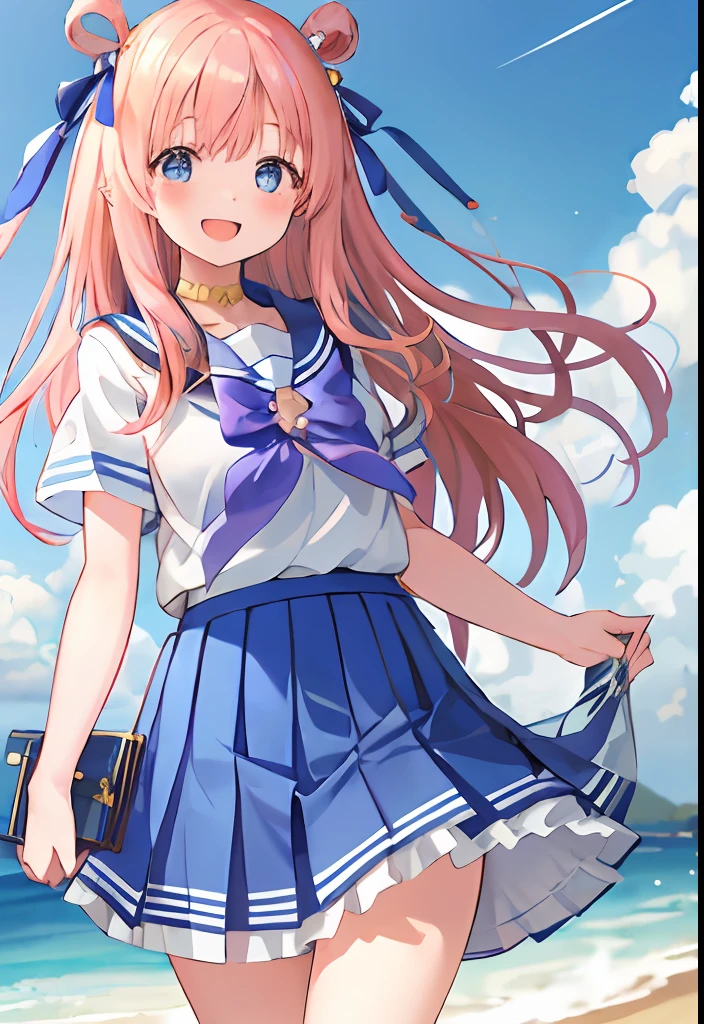 mochizuki anna (million live), Shiny Trinity \(Costume\), (Best quality, 8K, Masterpiece, Ultra detailed:1.2), Sea, day, Dappled sunlight, Blue sky, Beautiful clouds,
1girll, Solo, Skirt, Smile, Open mouth, Show on the, view the viewer, White sailor collar, Blue shirt, Sailor collar, Blue skirt, Pleated skirt, Short sleeves, :D, shirt, school uniform, Blush, serafuku, 鎖骨, bow, ribbon, Blue bow