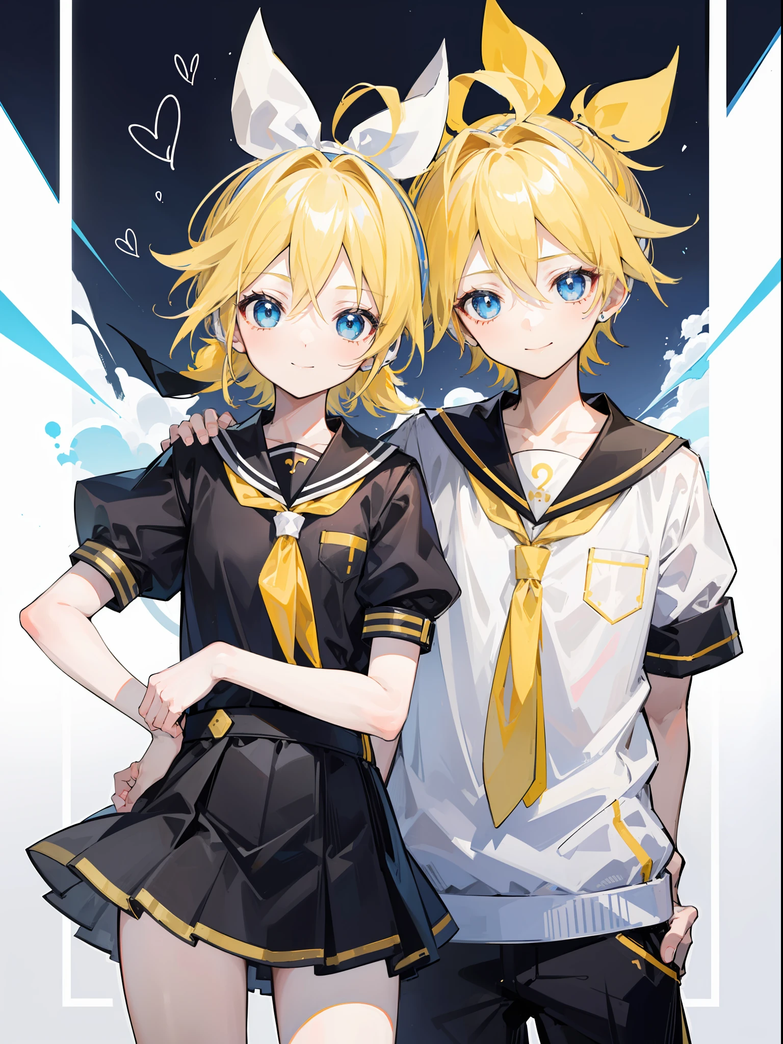 one boy and one girl, (a boy is Kagamine_Len), (a girl is Kagamine_Rin), blue eyes, blond hair, sailor uniform, black short pants, cowboy shot, gently smile, (childish)