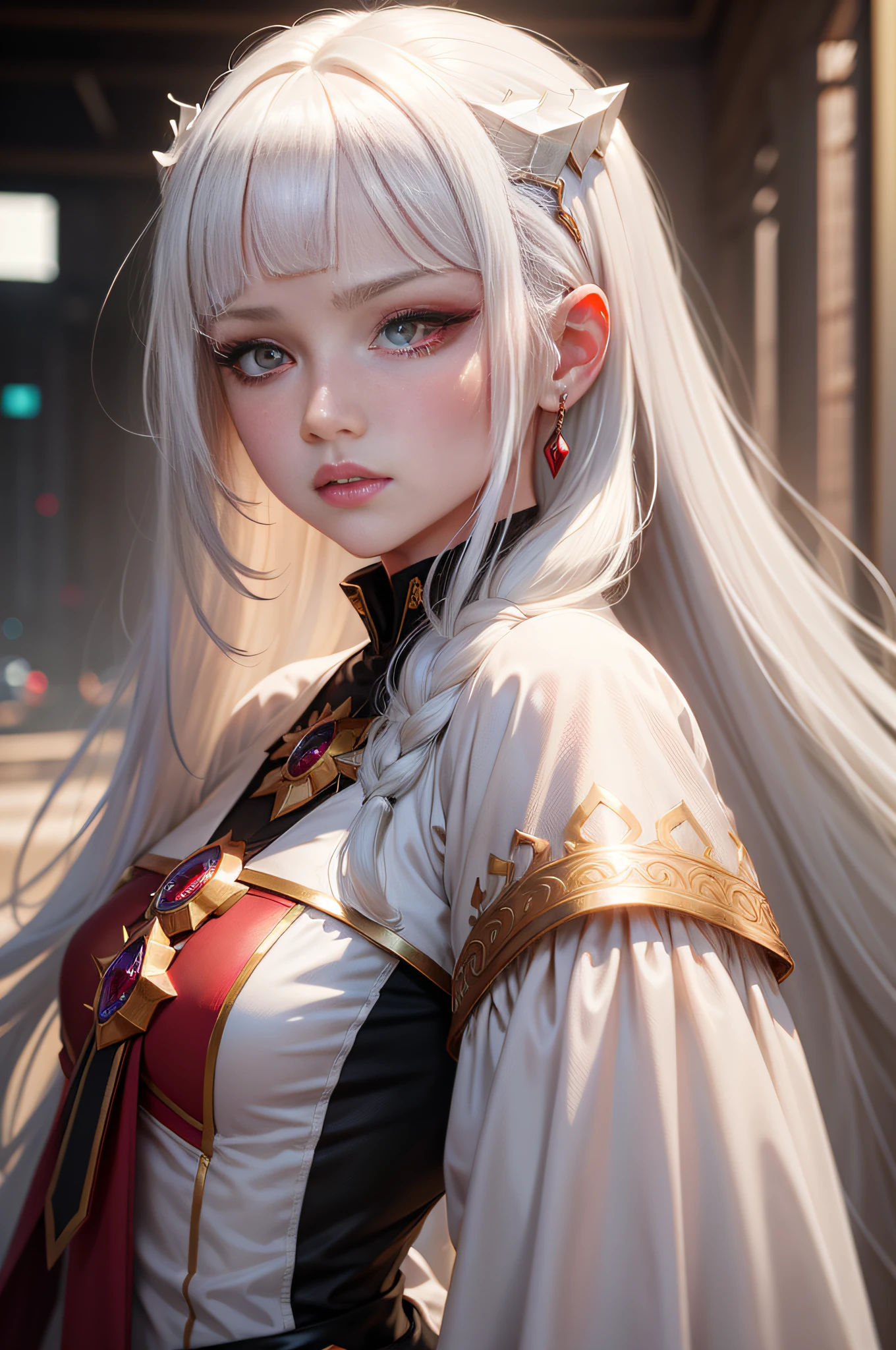 White hair, bangs, Hairline, forehead jewel, Red eyes, Blush, conceptual art, Anime, modern, Ray tracing, Best quality, A high resolution, High details, Textured skin, hyper HD