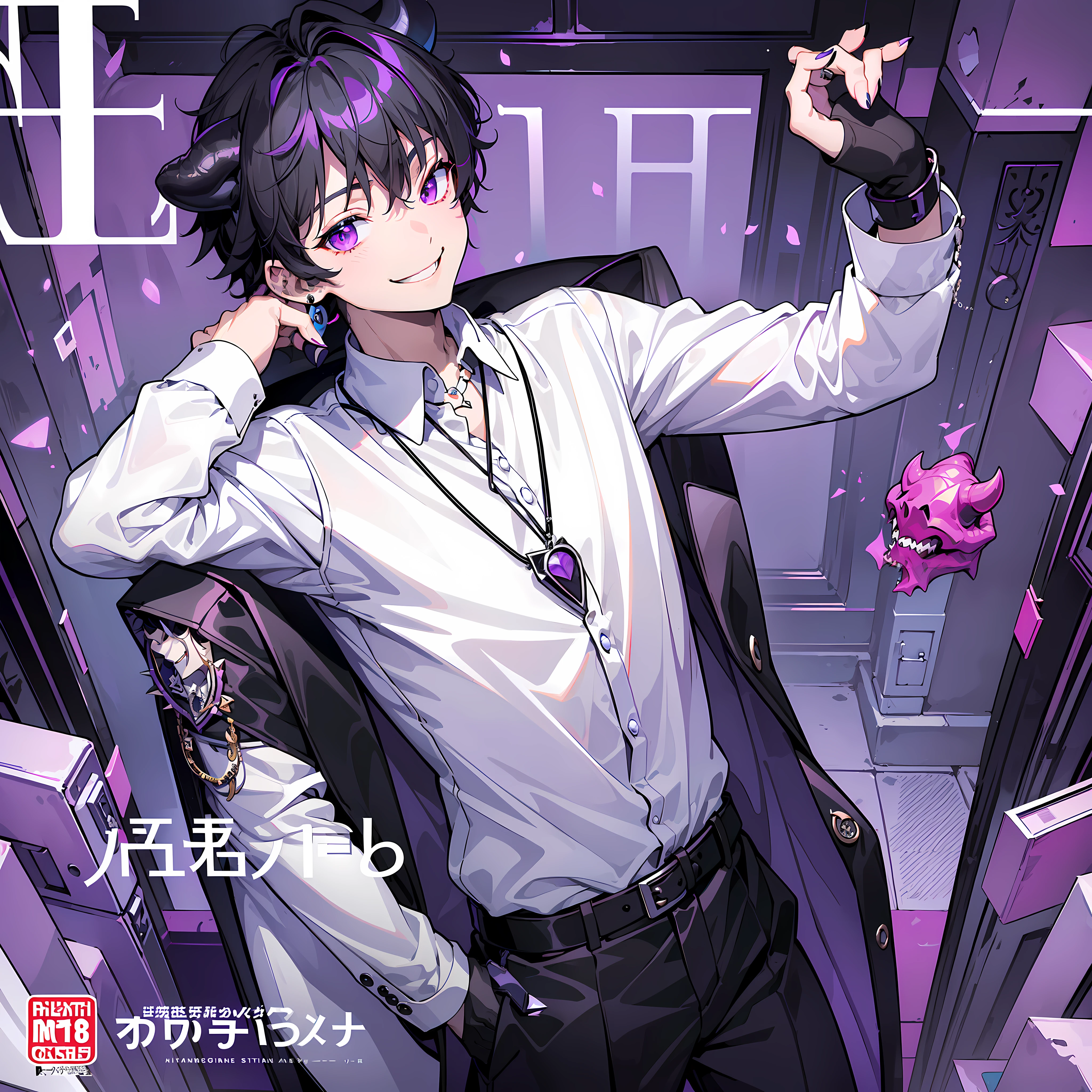 masterpiece, best quality, full body, (ฺBoy Triceratops character), (handsome, sharp) (wearing a white shirt and black coat), (accessories devil), (wear devil necklace), (devil earrings), (black hair with purple highlights), (1boy), (smiling), ((solo)), (magazine:1.3), (cover-style:1.3), fashionable