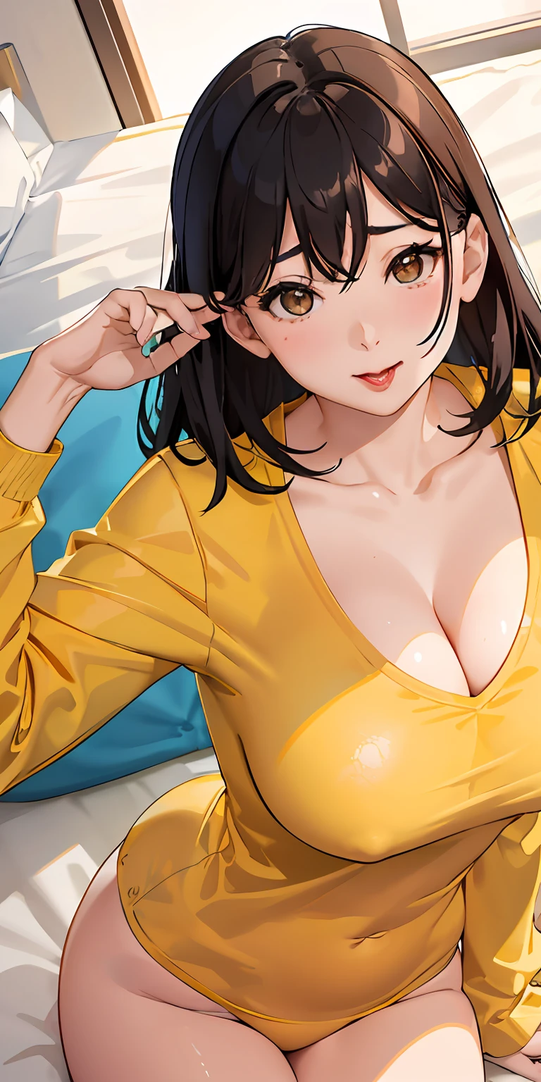 realisticlying、Two 45-year-old girls、Wearing a yellow shirt,Face enhancement,Chest super large zoom,Cleavage emphasis,Looking up from the bottom,Blushing,Red lips,A sexy,Bed sit,Open your mouth wide、Put your arms around the back of your head、Wearing underwear
