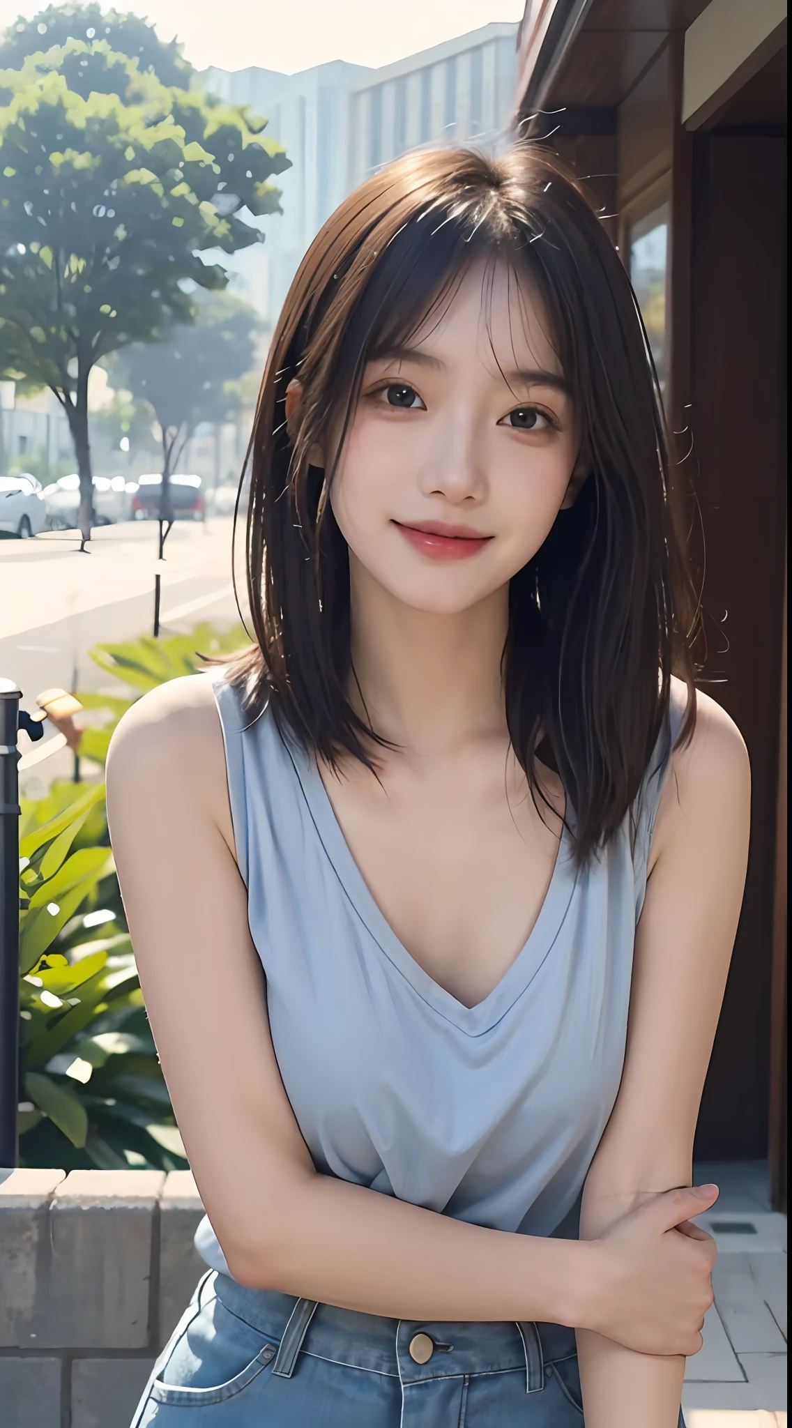 A woman in a blue top and jeans posing for a picture - SeaArt AI