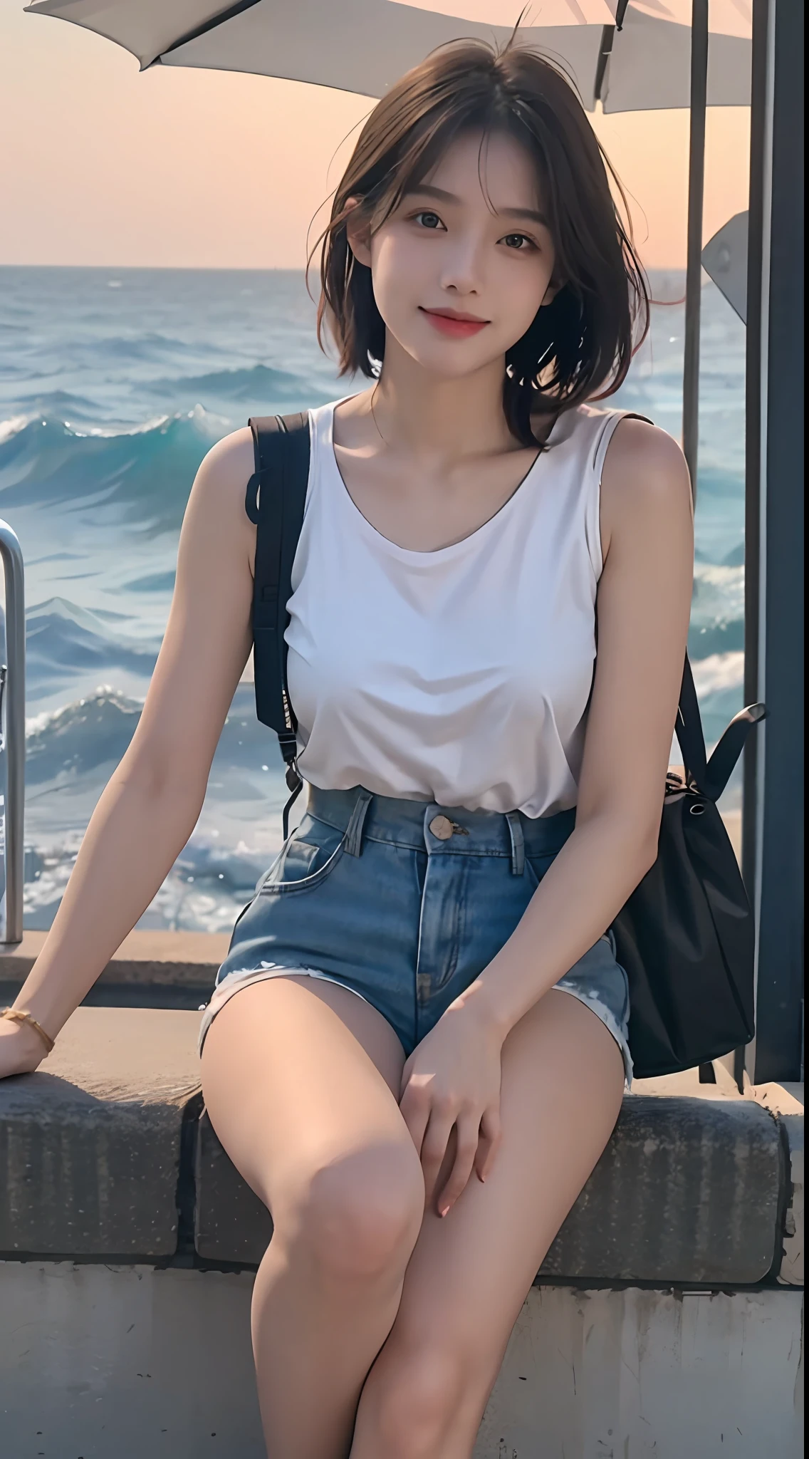 tmasterpiece、1 beautiful girl、A detailed eye、Puffy eyes、top-quality, 超A high resolution, (Realisticity: 1.4), RAW photogr,cinmatic lighting、jpn、Super beauty、Beautiful skin、slenderness、(ultra-realistic realism)、(A high resolution)、(8K)、(The is very detailed)、(Beautifully detailed eyes)、(ultra - detailed)、(A detailed face)、looking at viewert、Very smile、Staring straight ahead、Black colored eyes、body facing the front、short cut、Light blue sleeveless、hot pant、Clear、Summer sea、