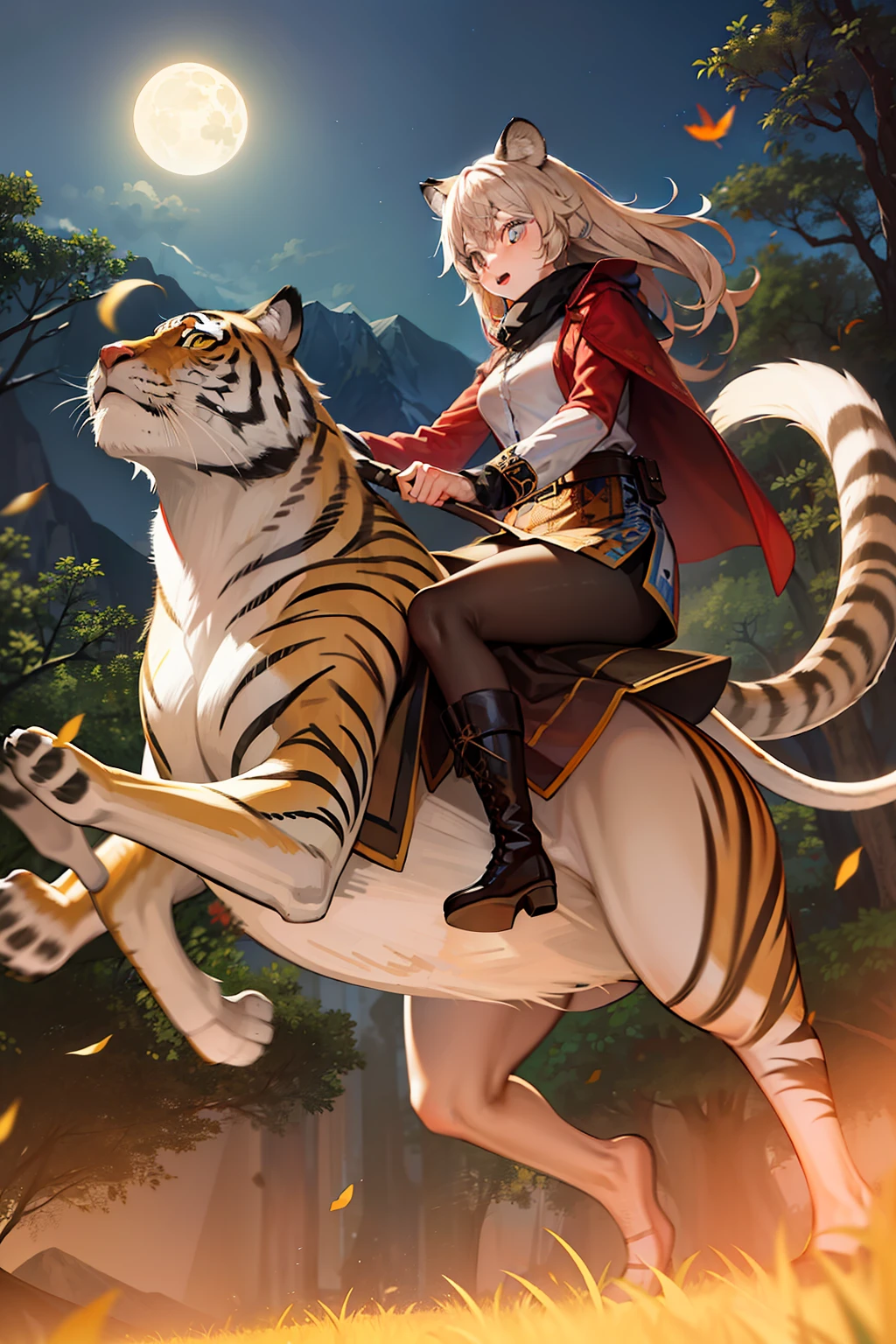 High mountains, moonlit nights, falling leaves, running tigers, people riding tigers, mountain streams, bright moon
