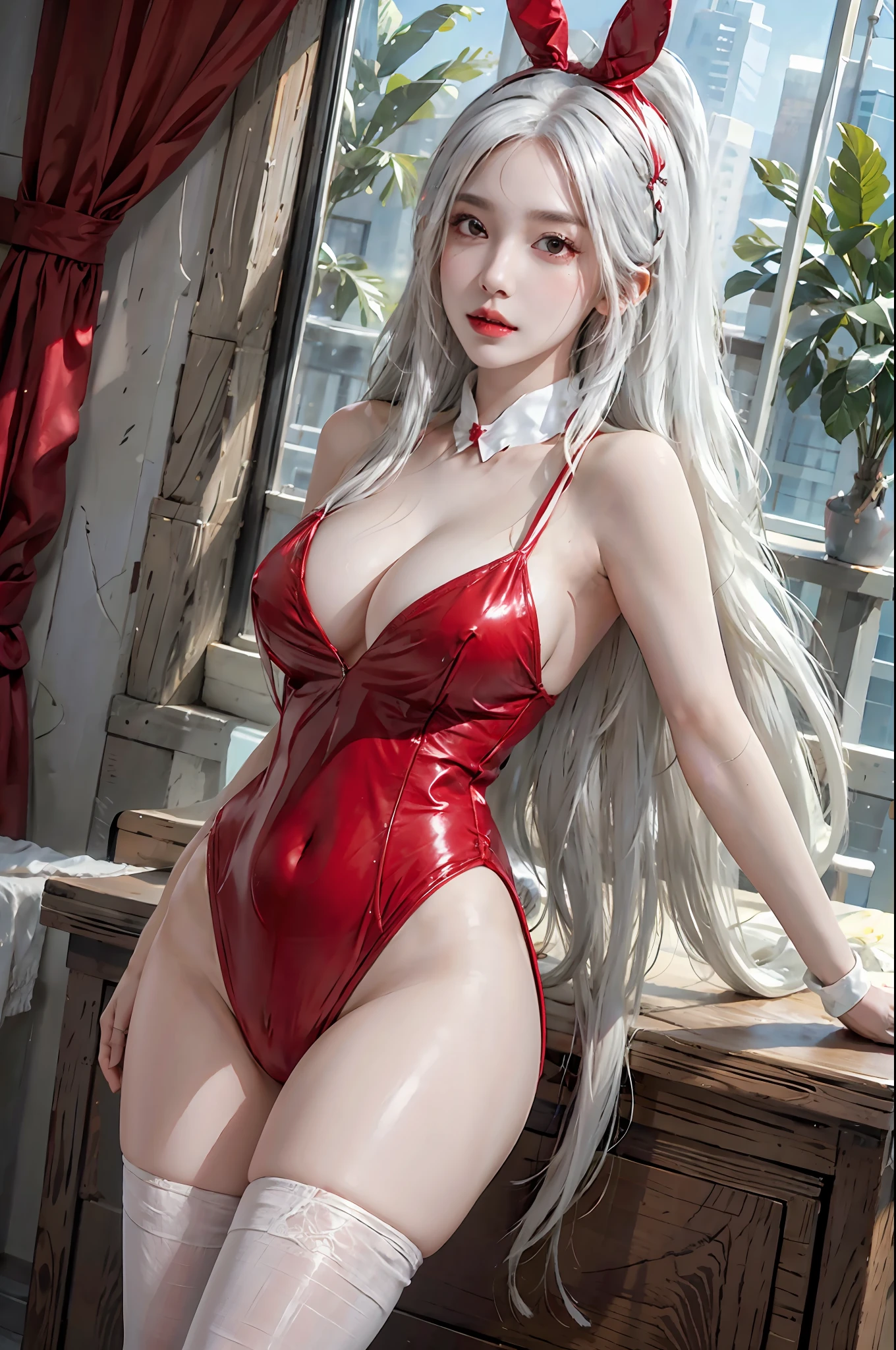 photorealistic, high resolution, 1women, solo, hips up, look at viewer, (detailed face), white hair, long hair, wearing bunny outfit, red outfit