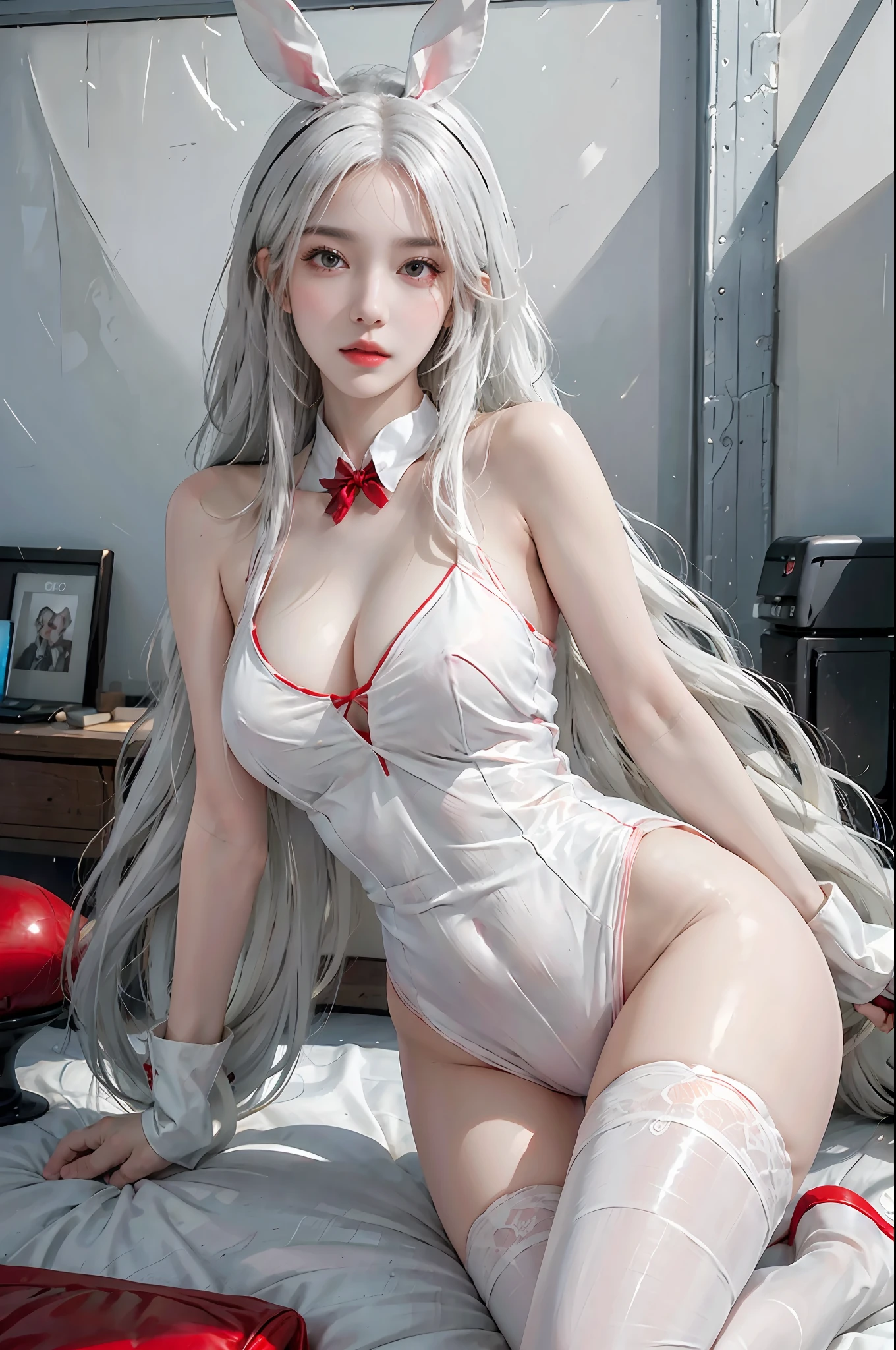 photorealistic, high resolution, 1women, solo, hips up, look at viewer, (detailed face), white hair, long hair, wearing bunny outfit, red outfit
