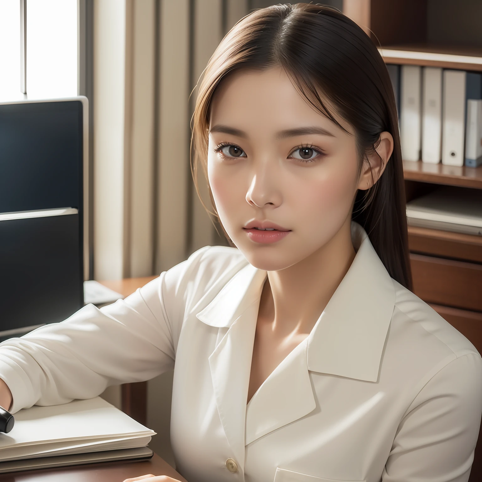 Working at a desk in the office、girl with、Ultra-realistic capture, Highly detailed, High resolution 16k close-up of human skin. Skin texture must be natural, With such detail that pores can be finely identified. Skin should look healthy, In a uniform tone. Use natural light and color