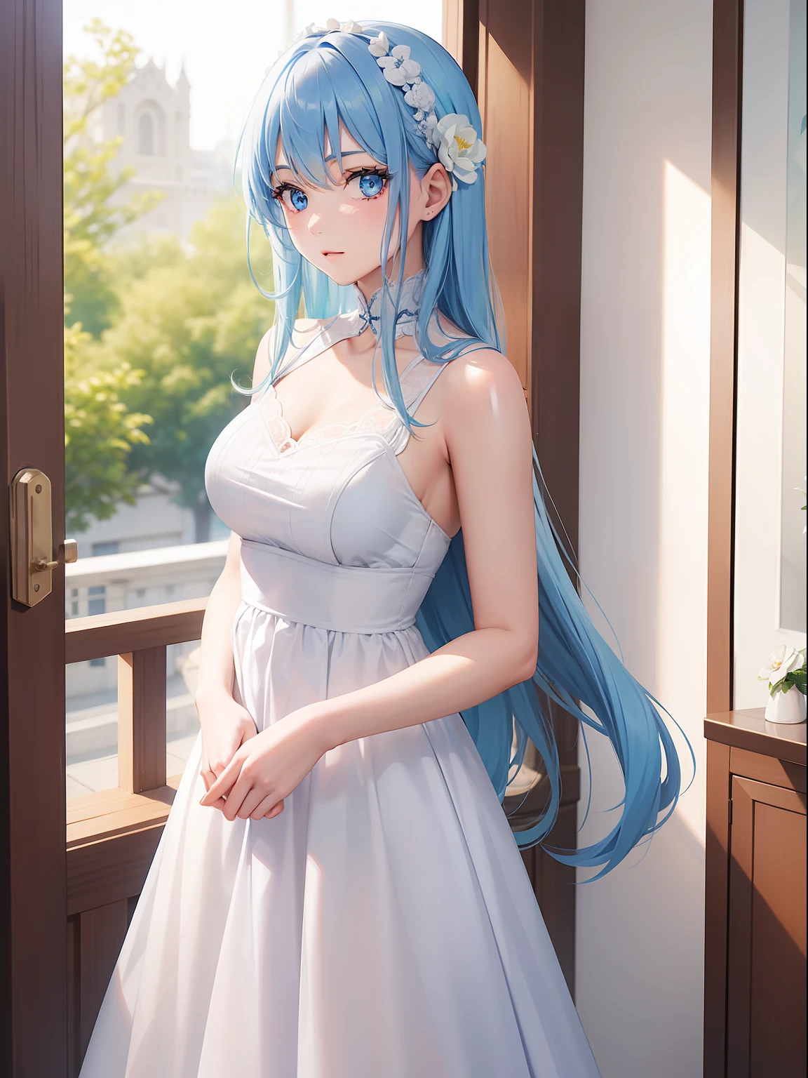 a women, blue hair, blue eyes, white dress