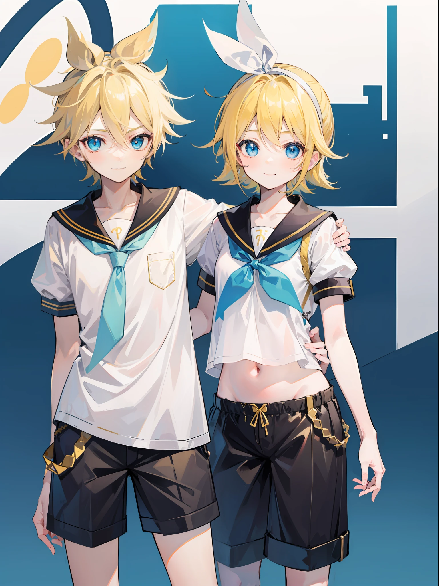 one boy and one girl, (a boy is Kagamine_Len), (a girl is Kagamine_Rin), blue eyes, blond hair, sailor uniform, black short pants, cowboy shot, gently smile, (childish), couple