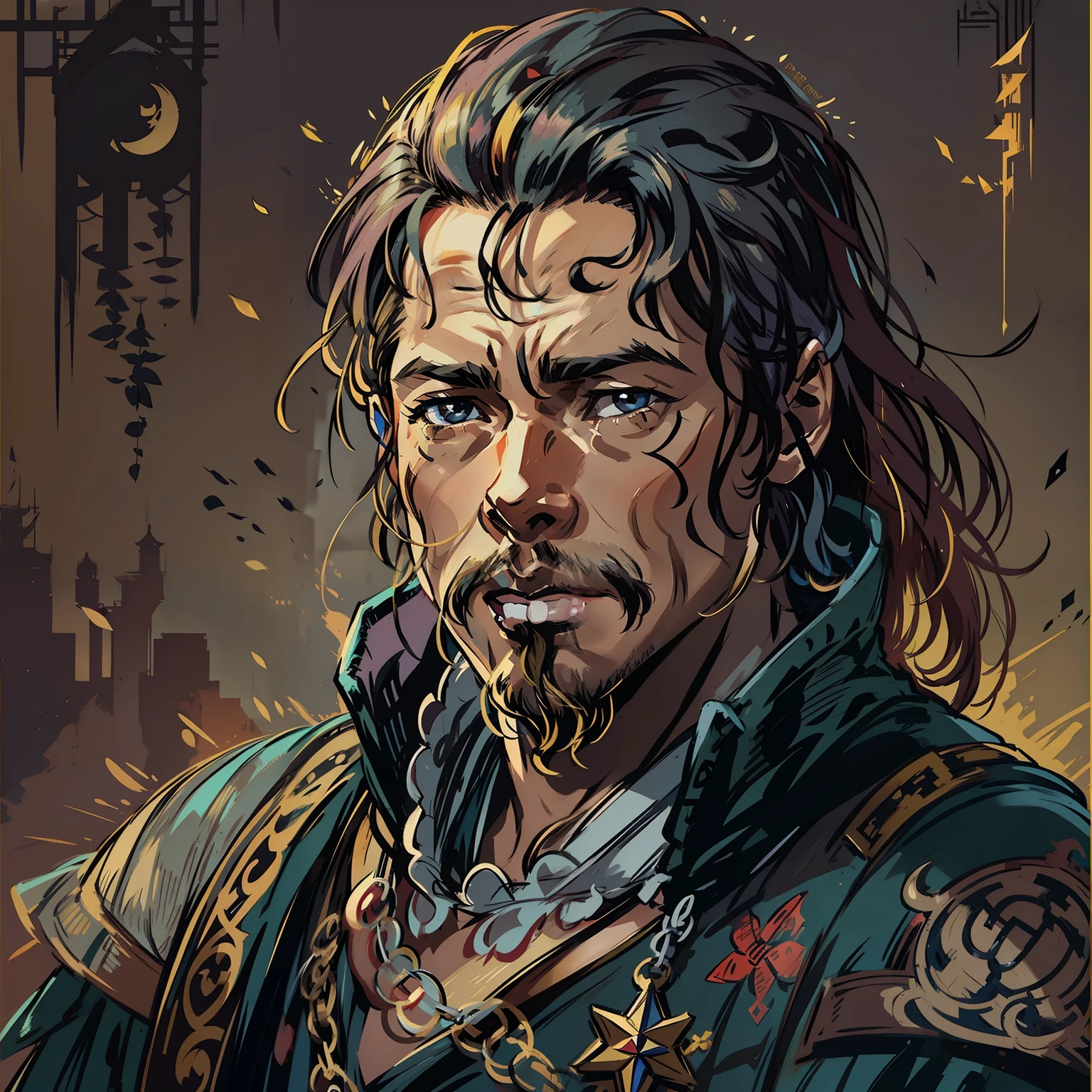 Brad Pitt look a like ,Pirata masculino, Asian ethnicity, Personagem de RPG, fantasia medieval, fechar retrato