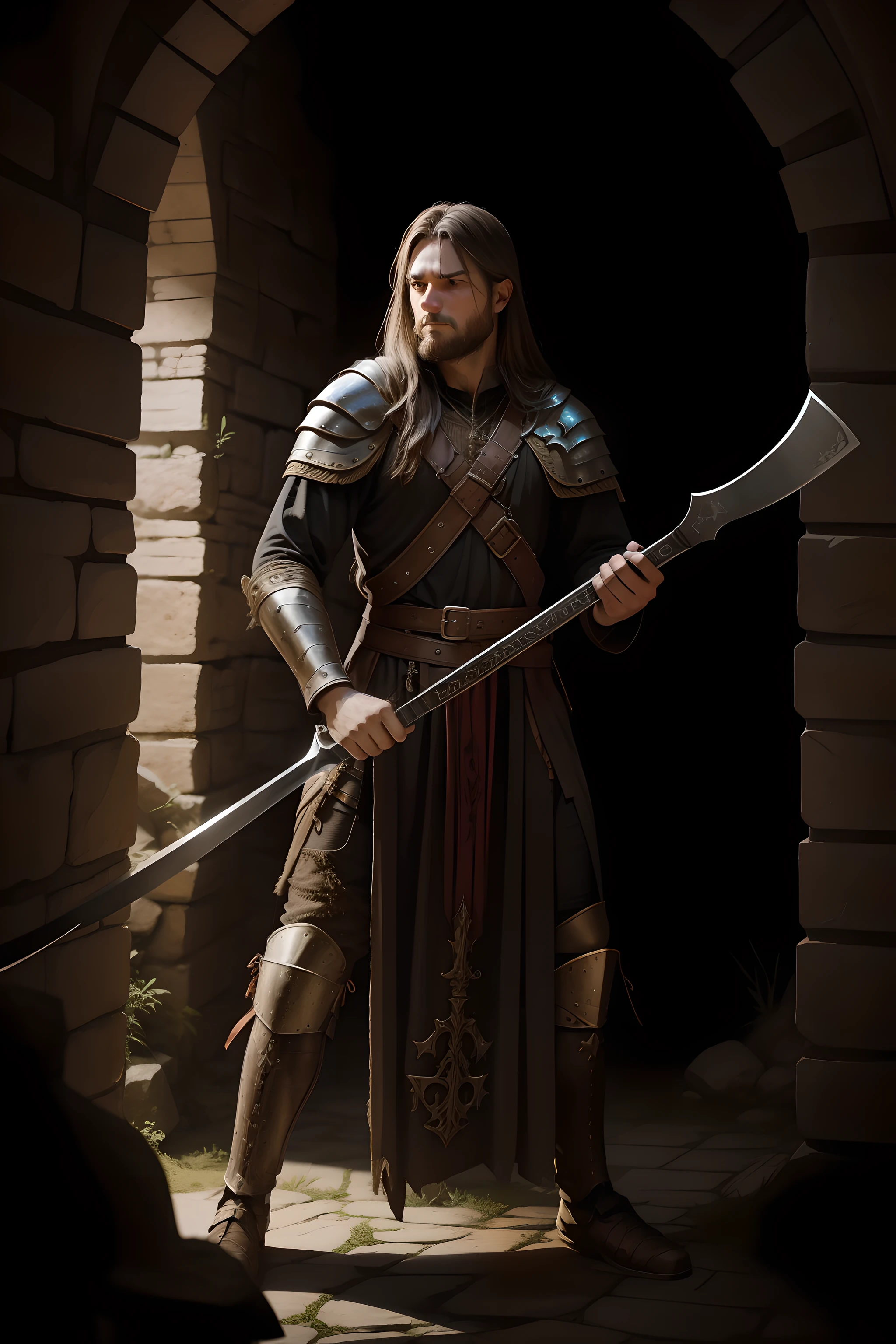 a brave warrior with an axe in Dungeon Synth style
