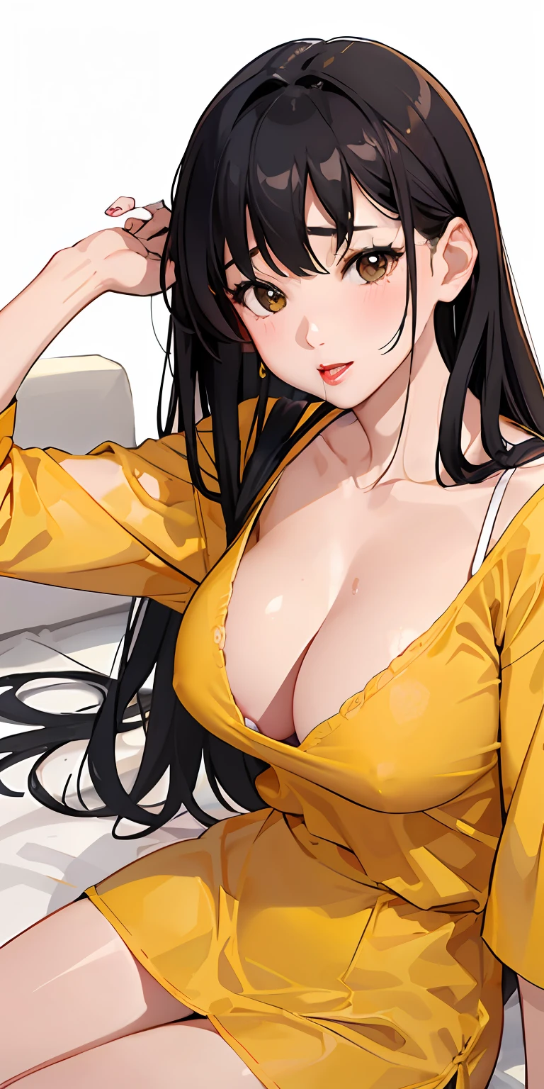 realisticlying、Two 45-year-old girls、Wearing a yellow shirt,Face enhancement,Chest super large zoom,Cleavage emphasis,Looking up from the bottom,Blushing,Red lips,A sexy,Bed sit,Open your mouth wide、Put your arms around the back of your head、Wearing underwear