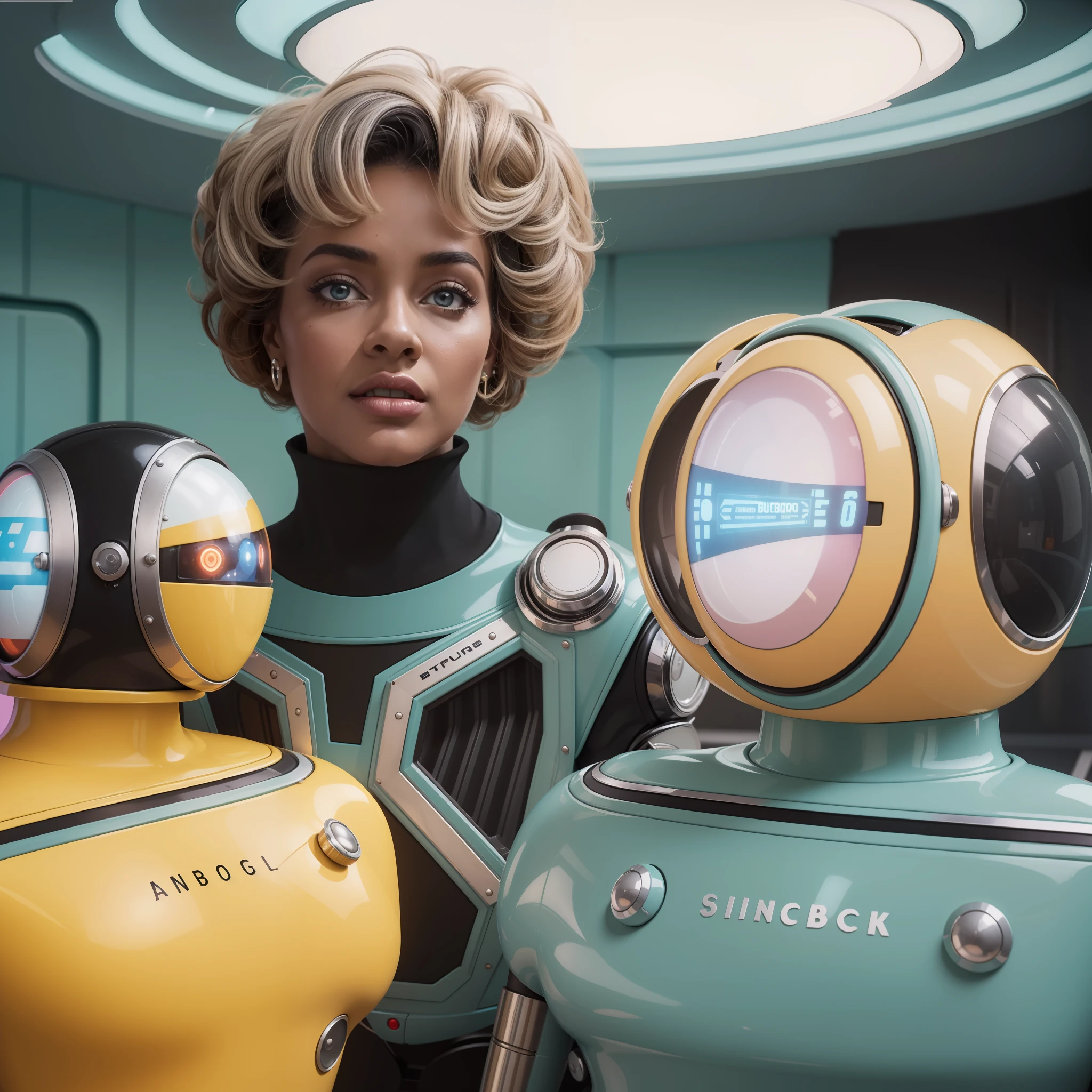 4k image of a 1960s science fiction film by Stanley Kubrick, Filme O Grande Hotel Budapeste, pastels colors, Black woman and two robots wearing retrofuturistic alien masks and holding colorful suitcases and chests on the bus, Retro-futuristic fashion clothes from the 60s with old robots, Luz Natural, Psicodelia, futurista estranho, retro-futurista, photo-realistic, Sharp background details.