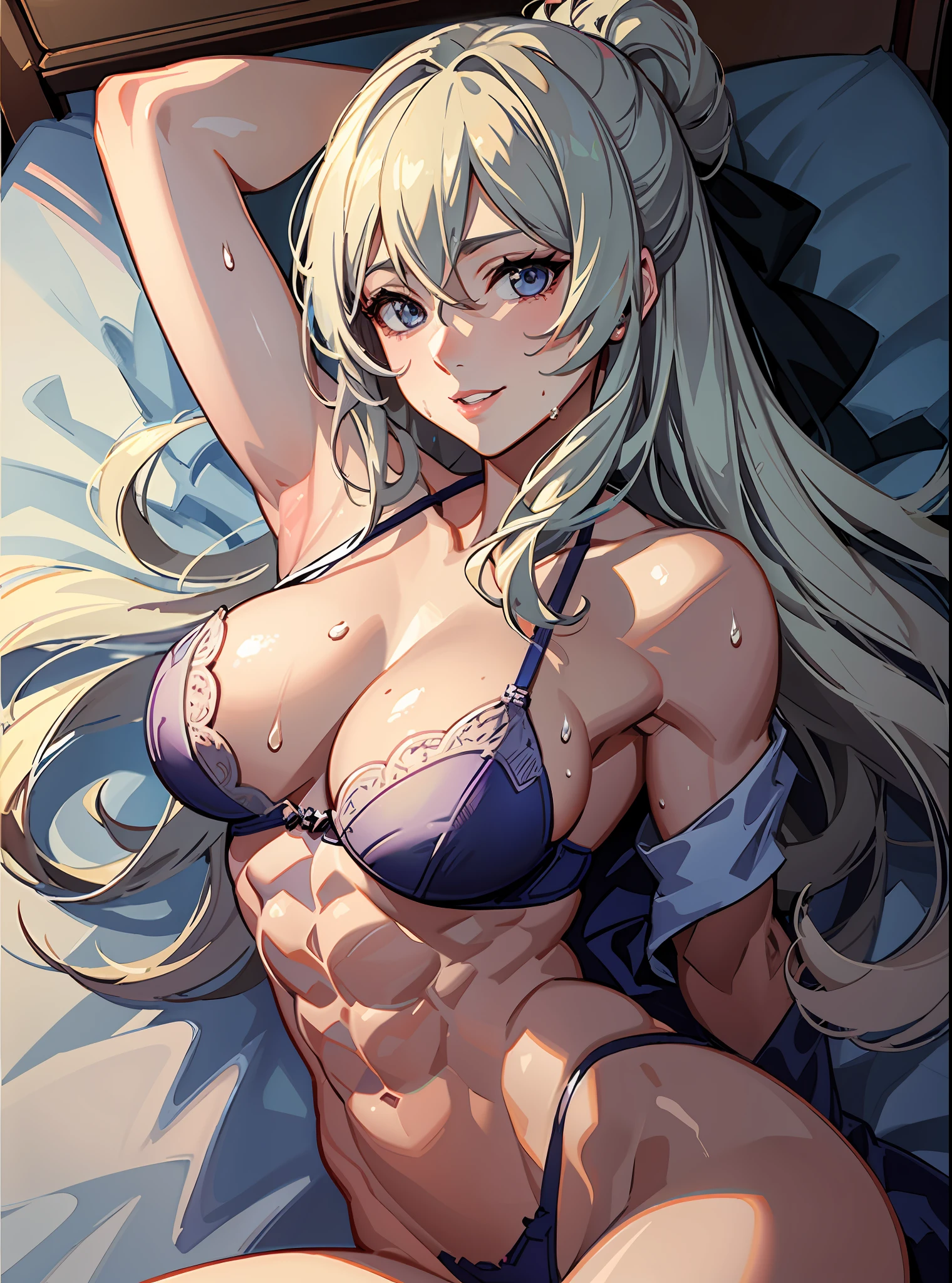 ((((masutepiece、top-quality、Snow-white skin、Long body、large full breasts、perspiring、fullnude、an lingerie、ssmile、Silvery hair、lyin in bed、Split abs、Seductive look、Wearing sweat))))、Silvery hair、red eyes、(((Pose with emphasis on the chest,)))、(((((glistning skin、Beautiful abs、long legged))))),Whole human body、(((Shyness)))、Realistic skin type、an anime girl、Detailed Digital Anime Art、A seductive anime girl、extremely detailed art germ、a hyperrealistic schoolgirl、Ilyakukvshinov、Smooth Anime CG Art、Ultra Realistic Woman、ig model、ArtGerm、Photorealistic anime girl rendering、digital anime art