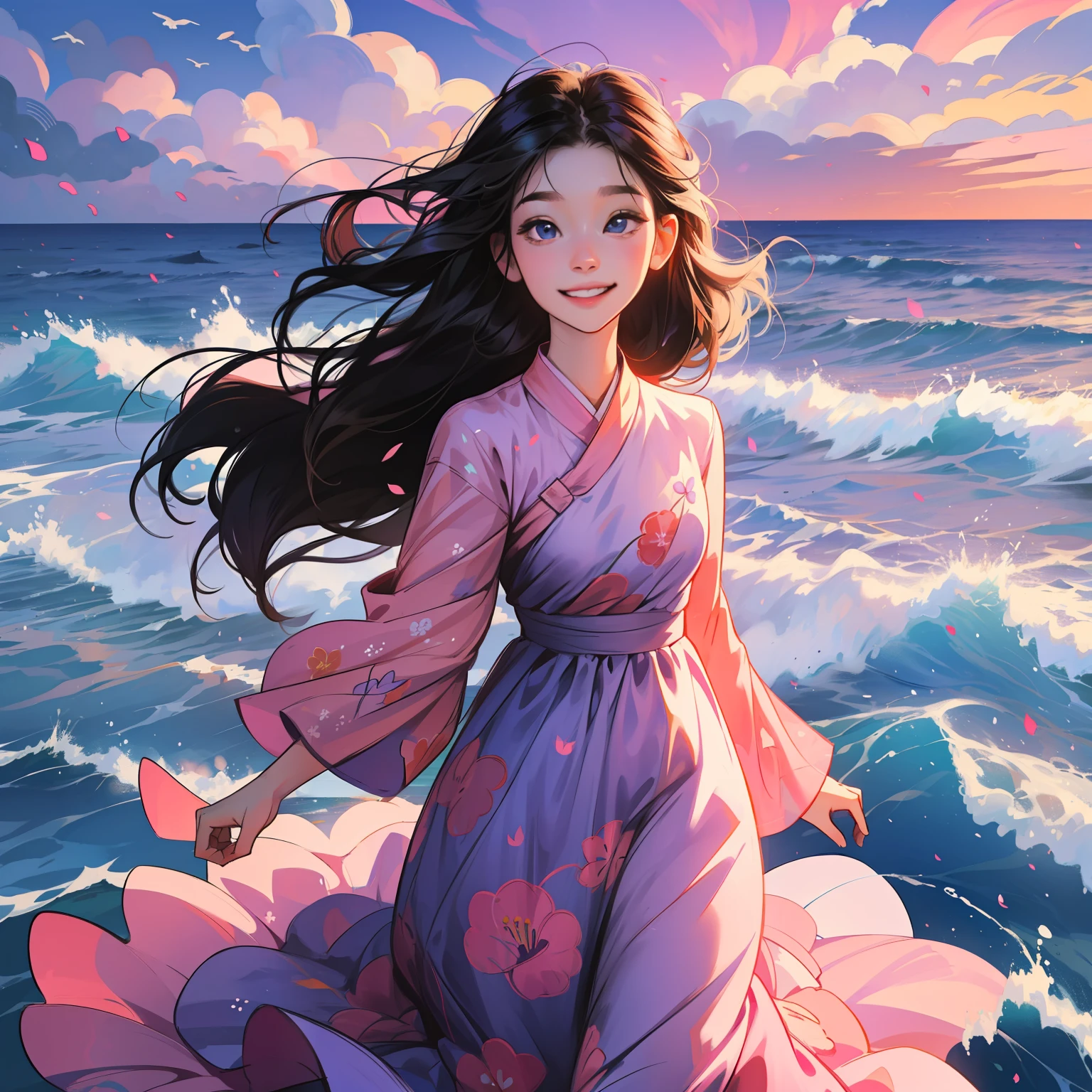 A girl with long hair,Wearing a blue floral dress,smiling and looking into the camera。She stood by the sea,The hair is blown by the wind,The background is a pink-purple sky。Please draw this scene in Miyazaki's style。