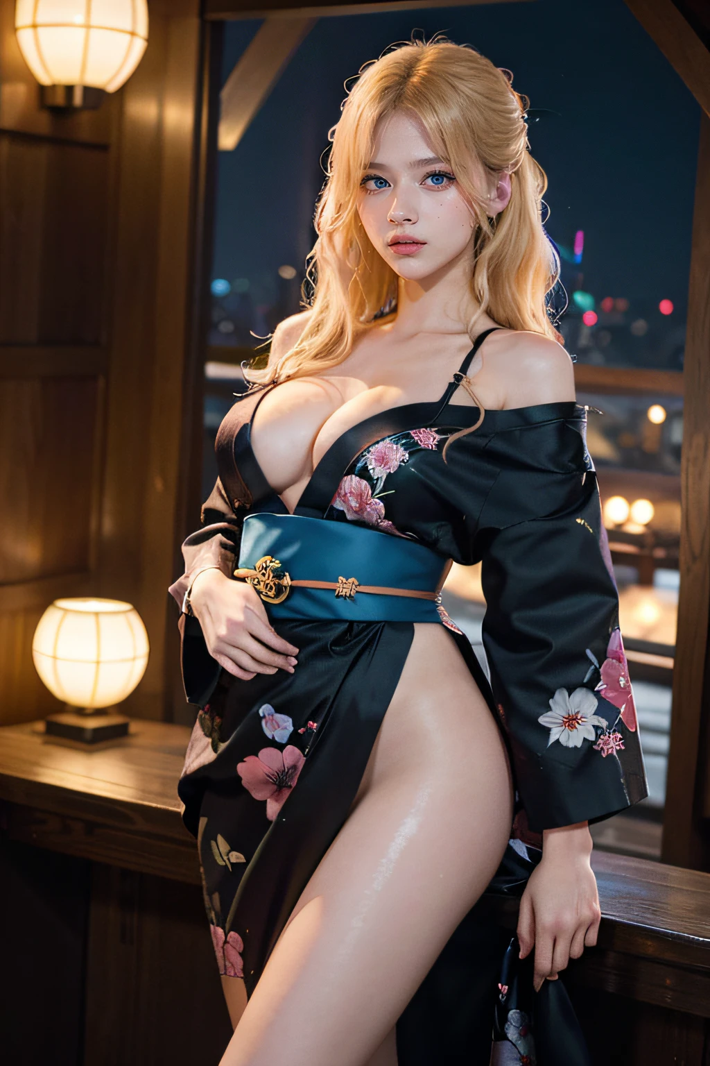 1girl, (Blue Eyes), angry face, ((Sana Minatozaki)), wide hips, big breasts, big butt, (Best Quality, 8k, Masterpiece: 1.3)), Clear Focus: 1.2, Perfect Body Beauty: 1.4 , Slim abs: 1.2, wet body: 1.5, highly detailed face and skin texture, detailed eyes, double eyelids, long blonde hair, long legs, long black flowered yukata, ryokan at night, background fireworks