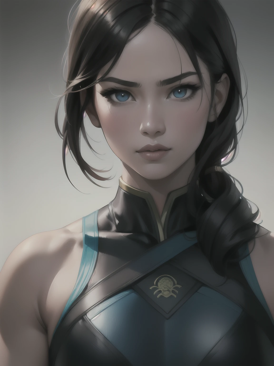 Portrait, Masterpiece, Excellent, 1girl, solo, complex details, color diffusion, close-up, pale female, Asian female, female giant, athletic female, strong thighs, black hair, dark hair, blue eyes, combat attire, alluring attire, epic, martial artist, Sci-Fi, Fantasy