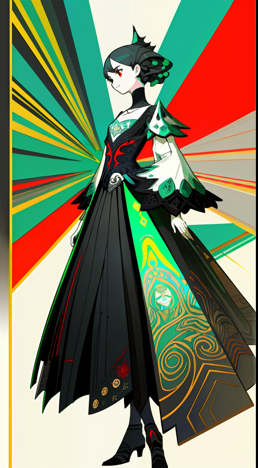 abstraction, Intricate decorative lines, Geometry,Gray-red-black-blue green decoration,Strong visual impact,High saturation happy, barechested,white dresses,teens girl,Nobility,Strong sense of design,Standing painting